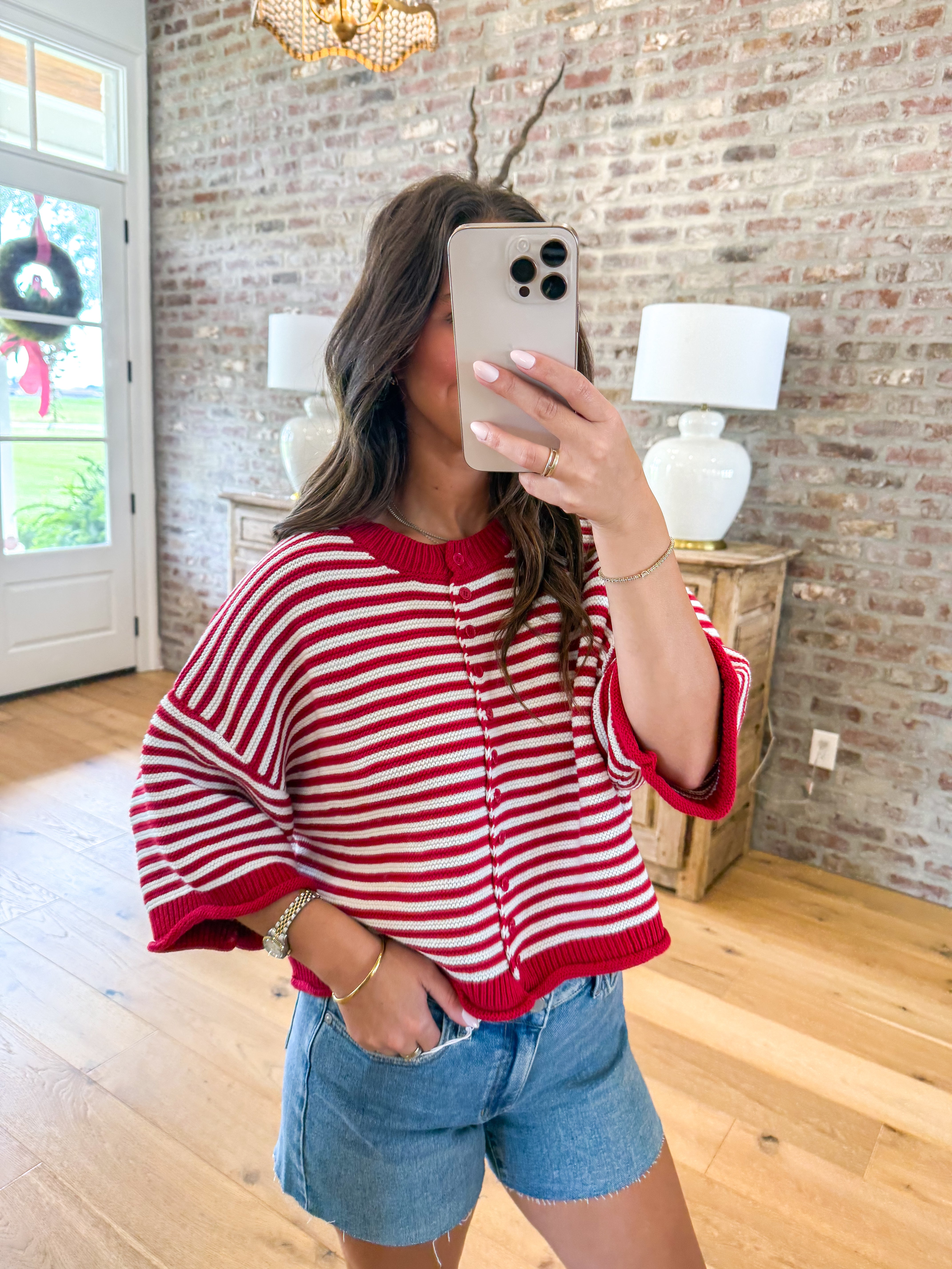 Red & White Striped Oversized Cardigan