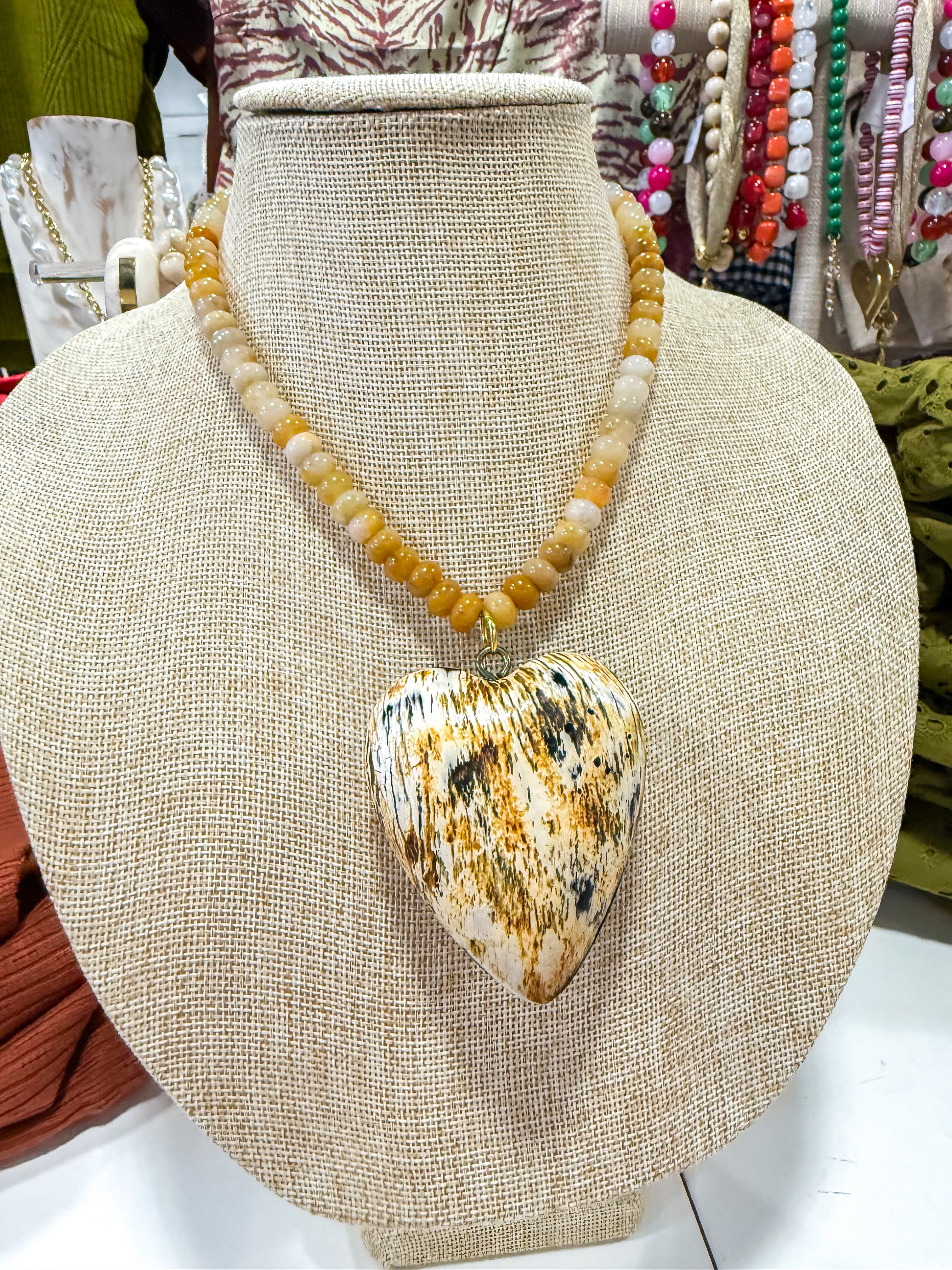 Large Striped Heart Neutral Beaded Necklace