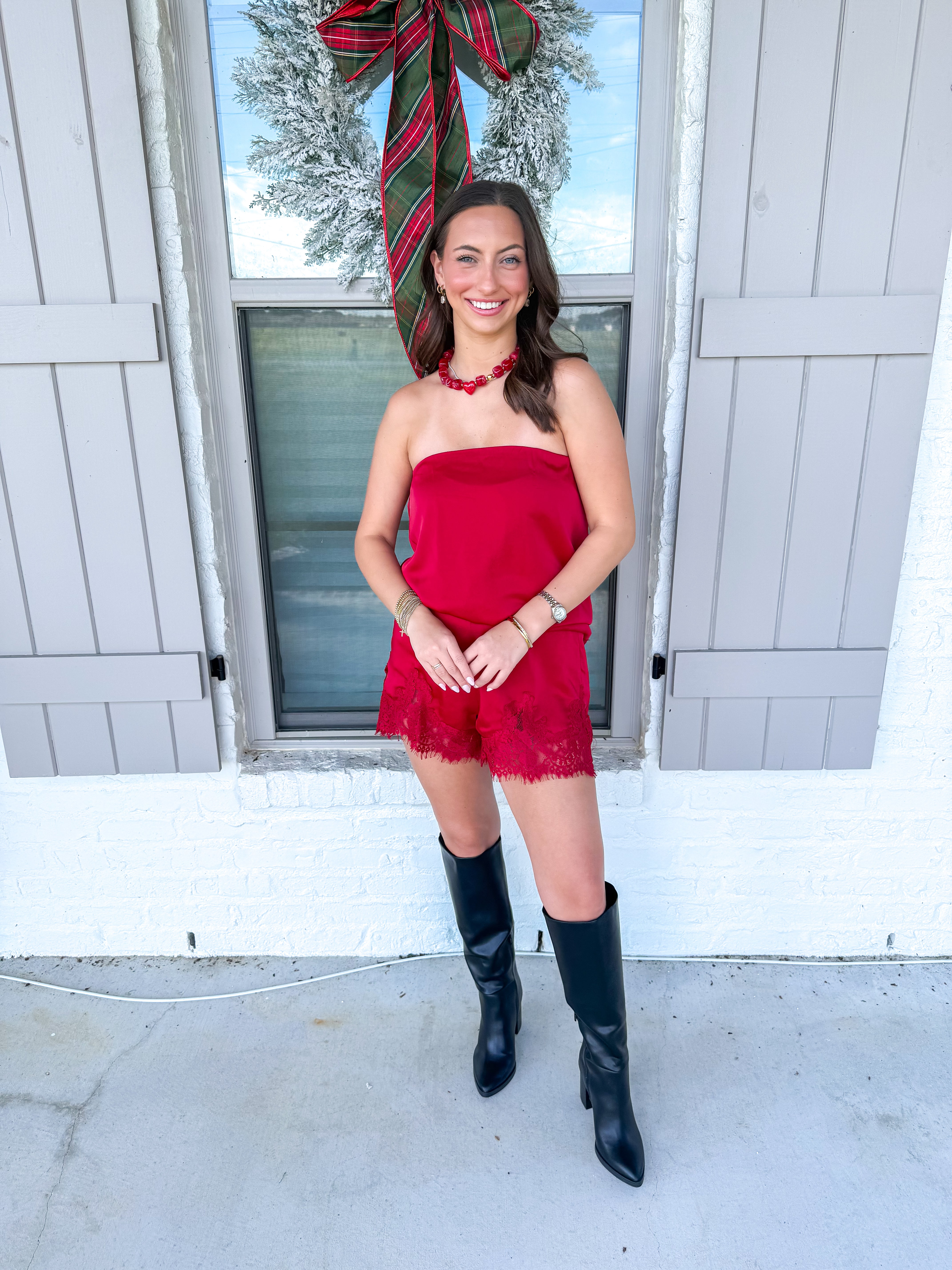 Crimson Charm Satin Lace Set