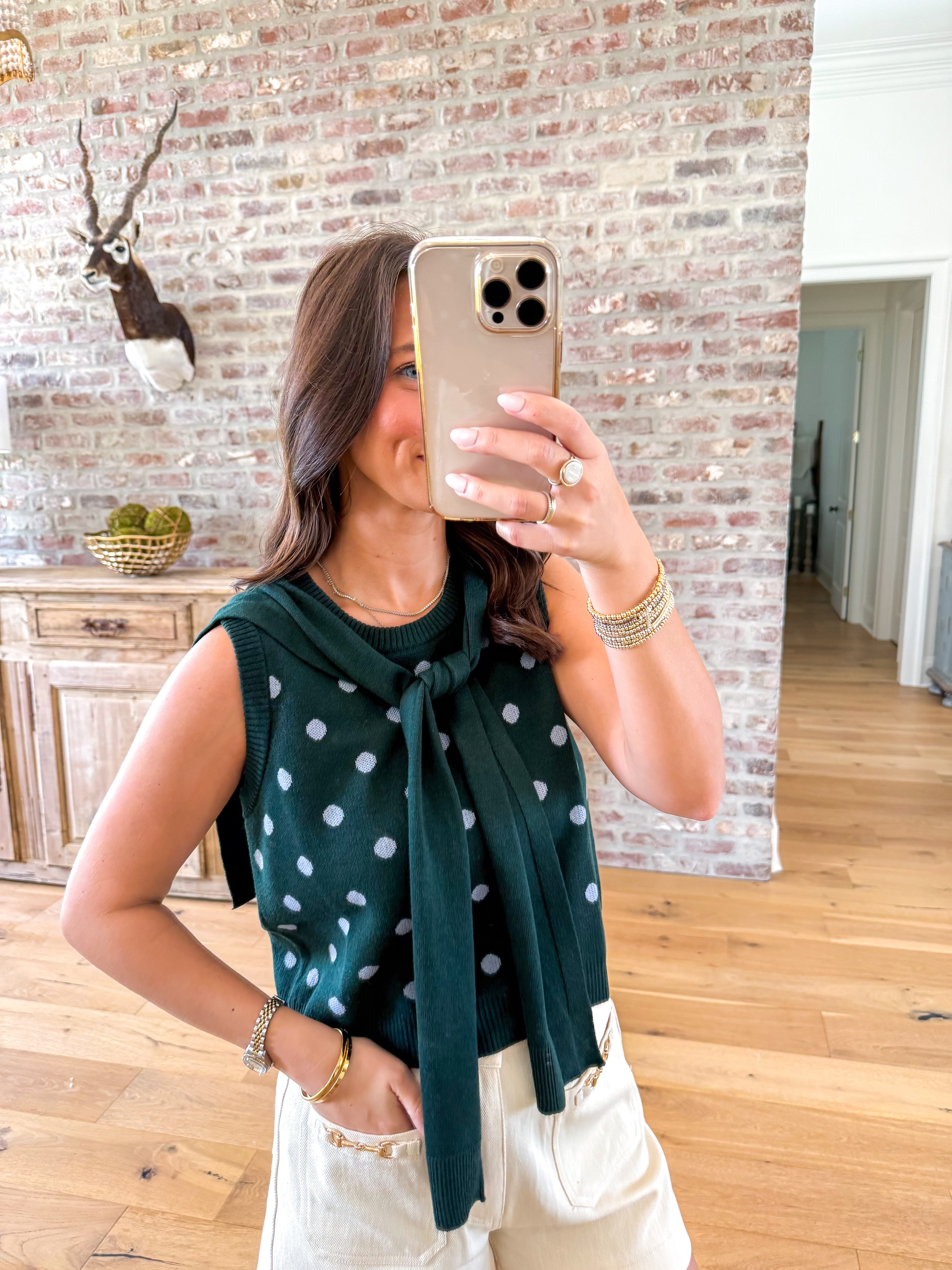 Darling Dot Sweater Knit Top Hunter Green