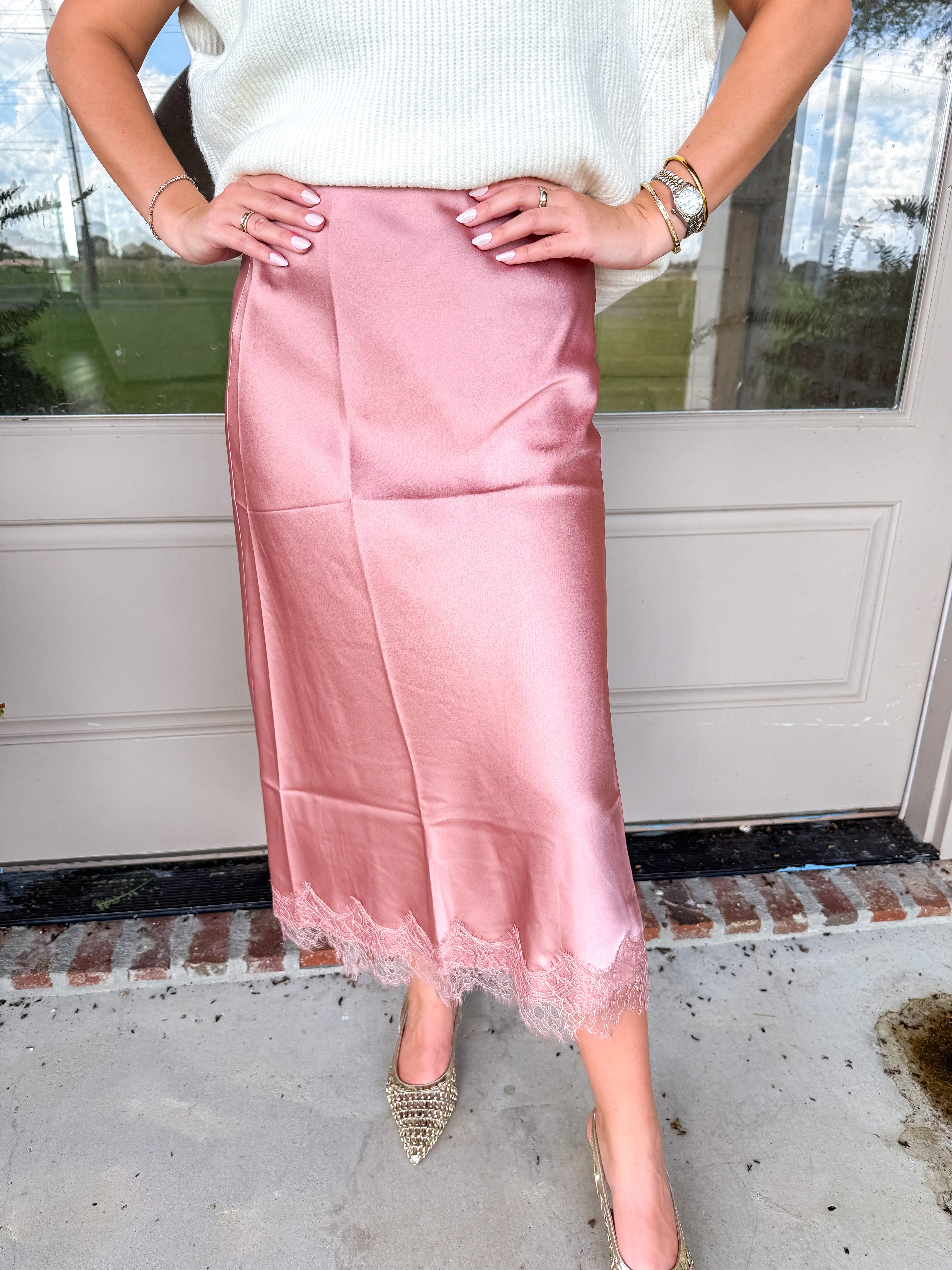 Lace & Satin Midi Skirt Rose