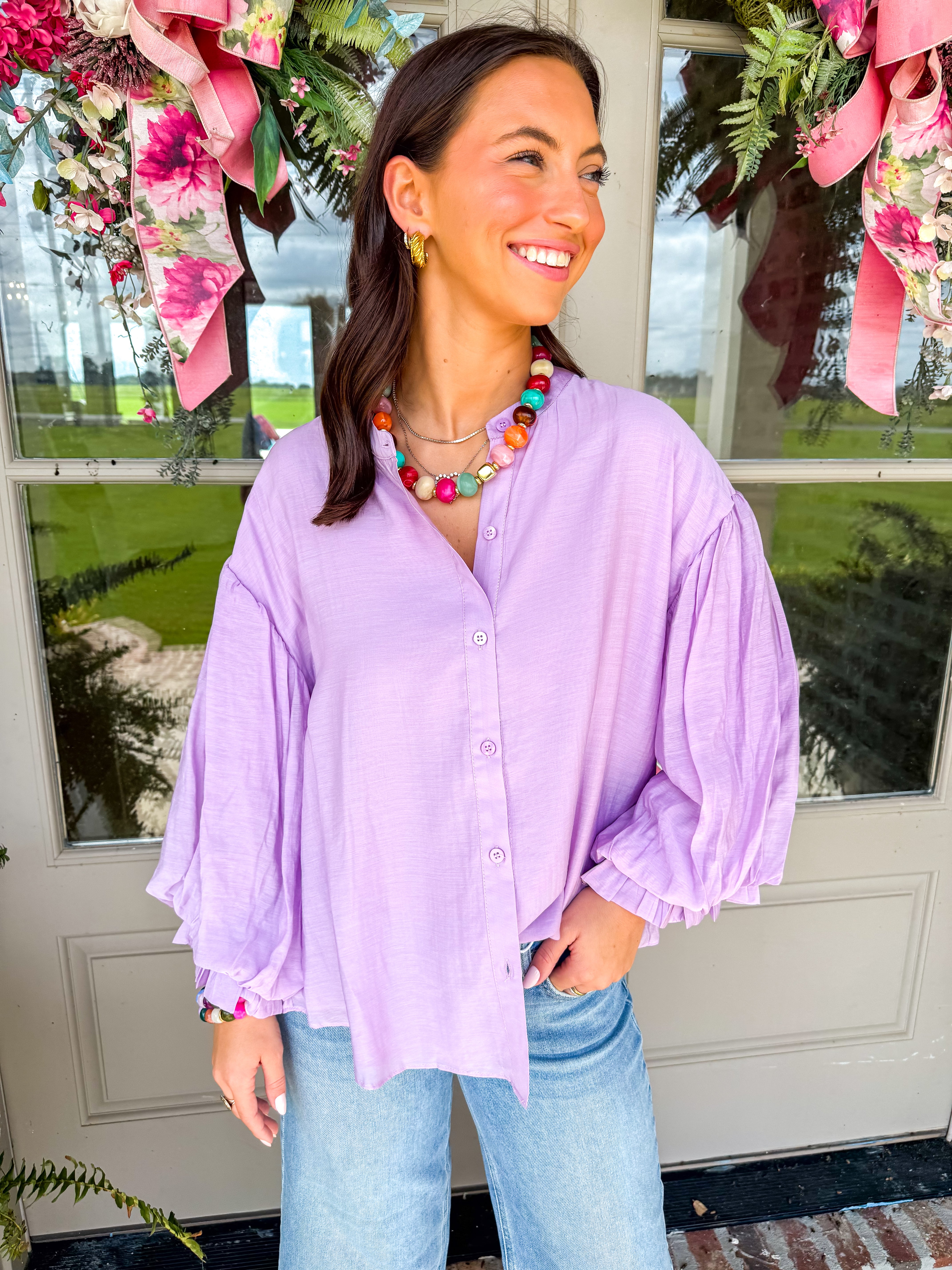 Lavender Puff Sleeve Button-Down