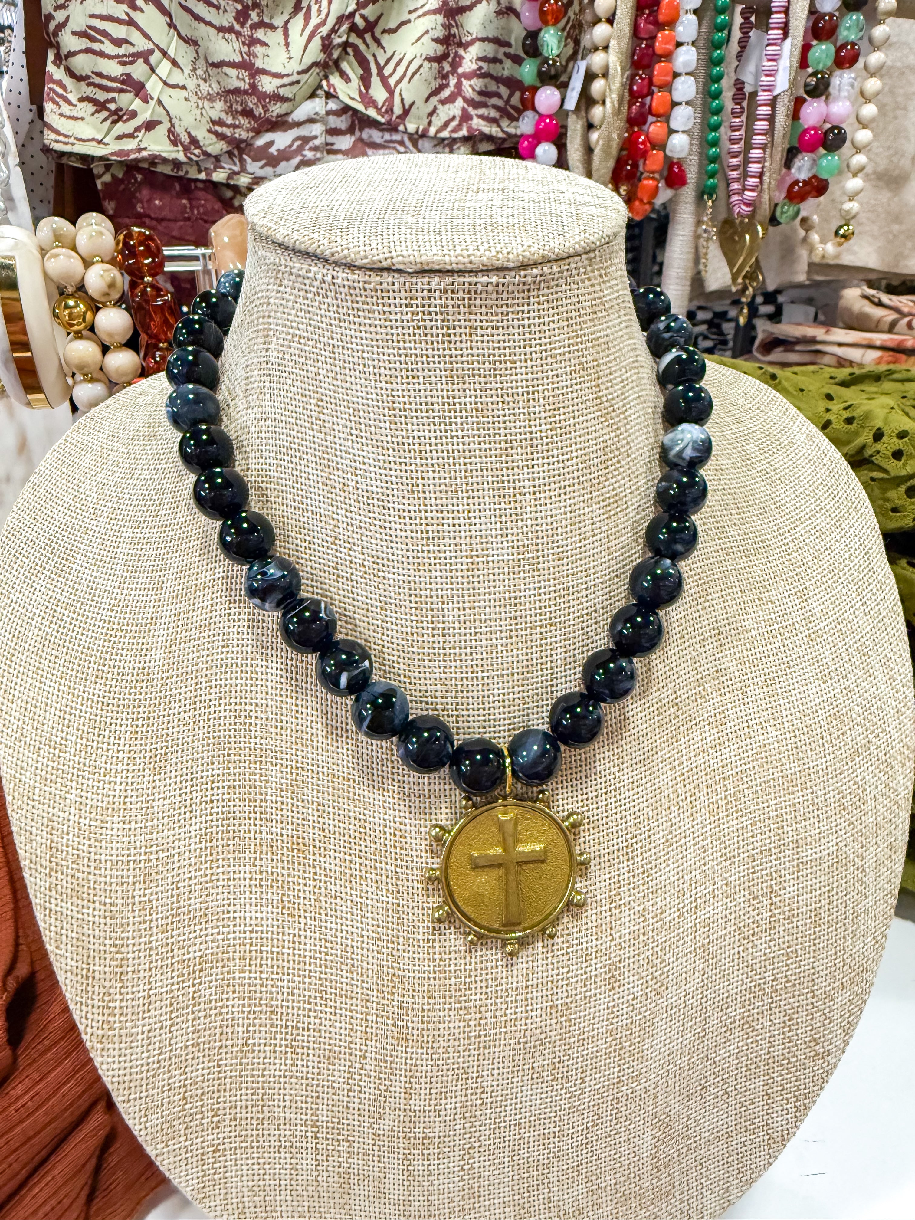 Gold Cross Pendant Black Beaded Necklace