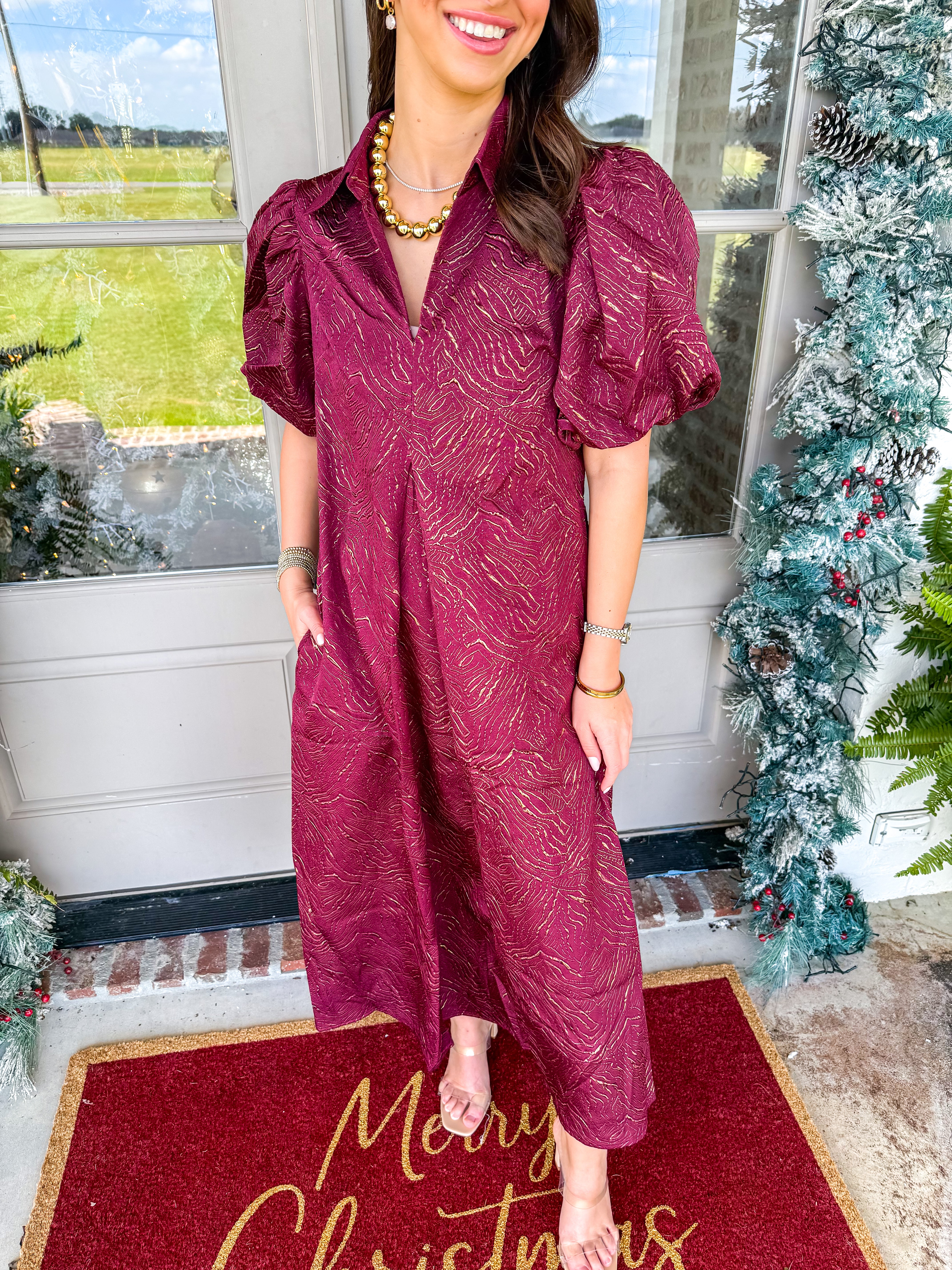 The Burgundy Lurex Puff Sleeve Midi Dress