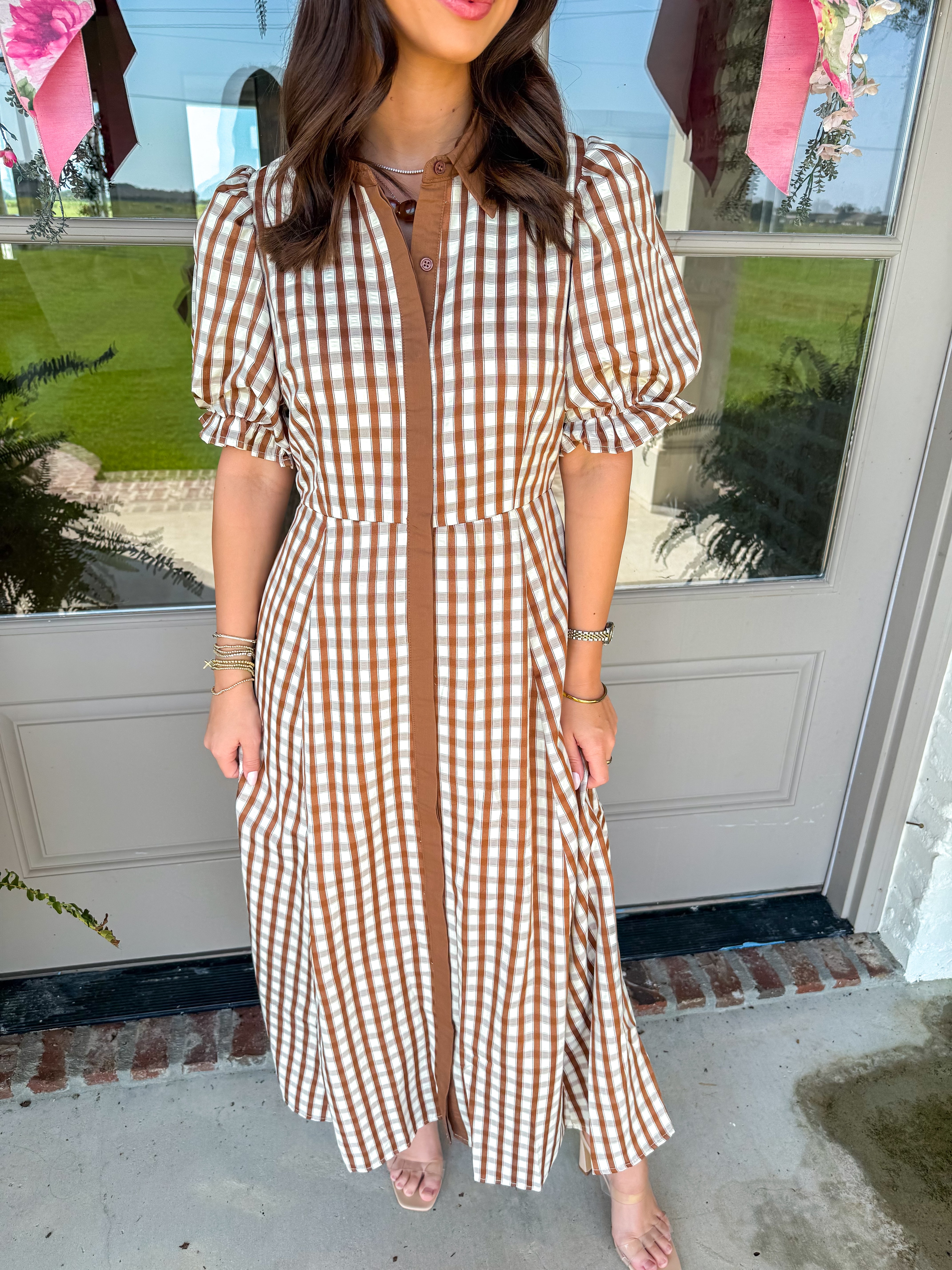 Brown Gingham Charm Midi Shirt Dress