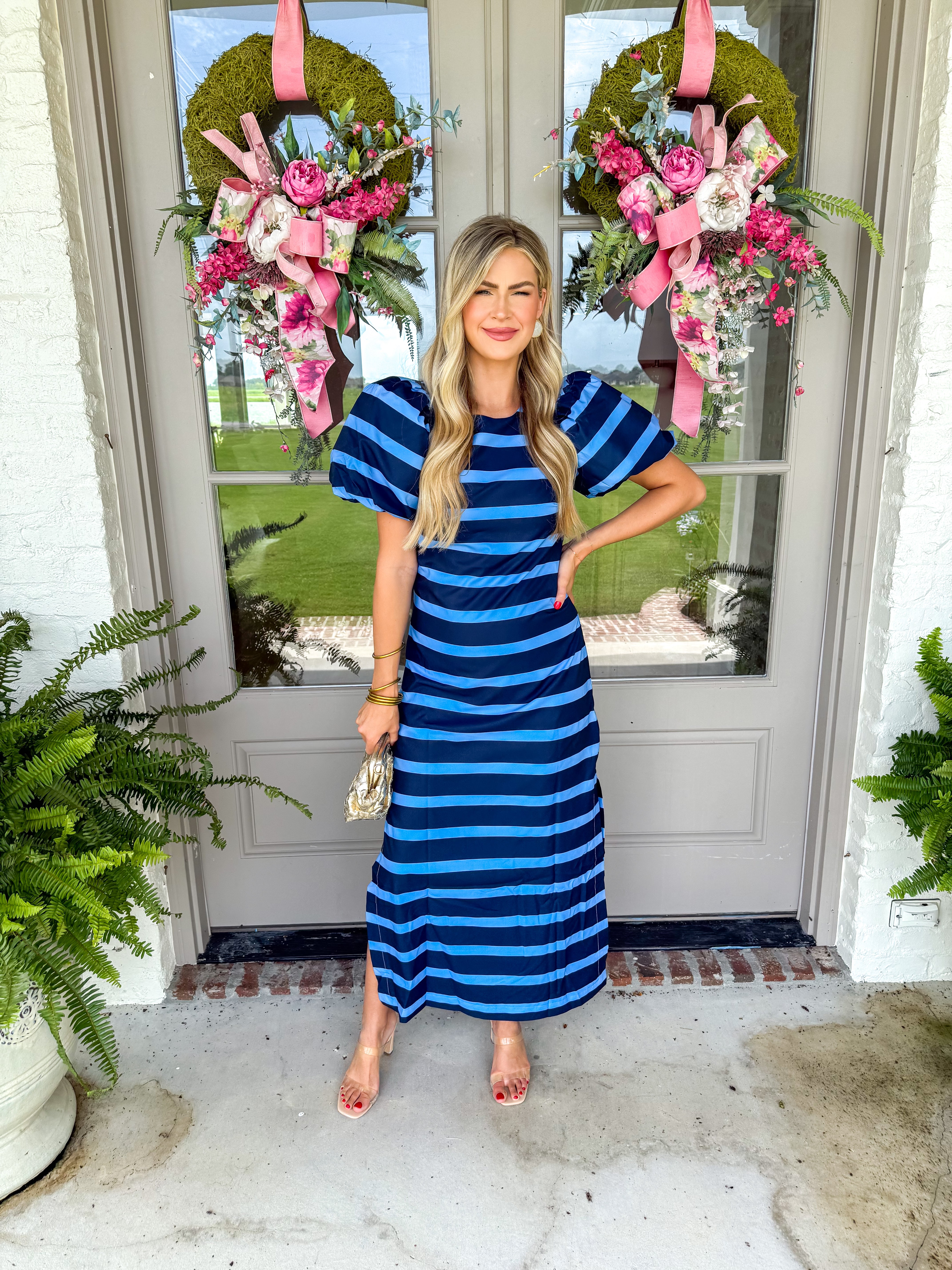 Coastal Stripe Puff Sleeve Maxi Dress