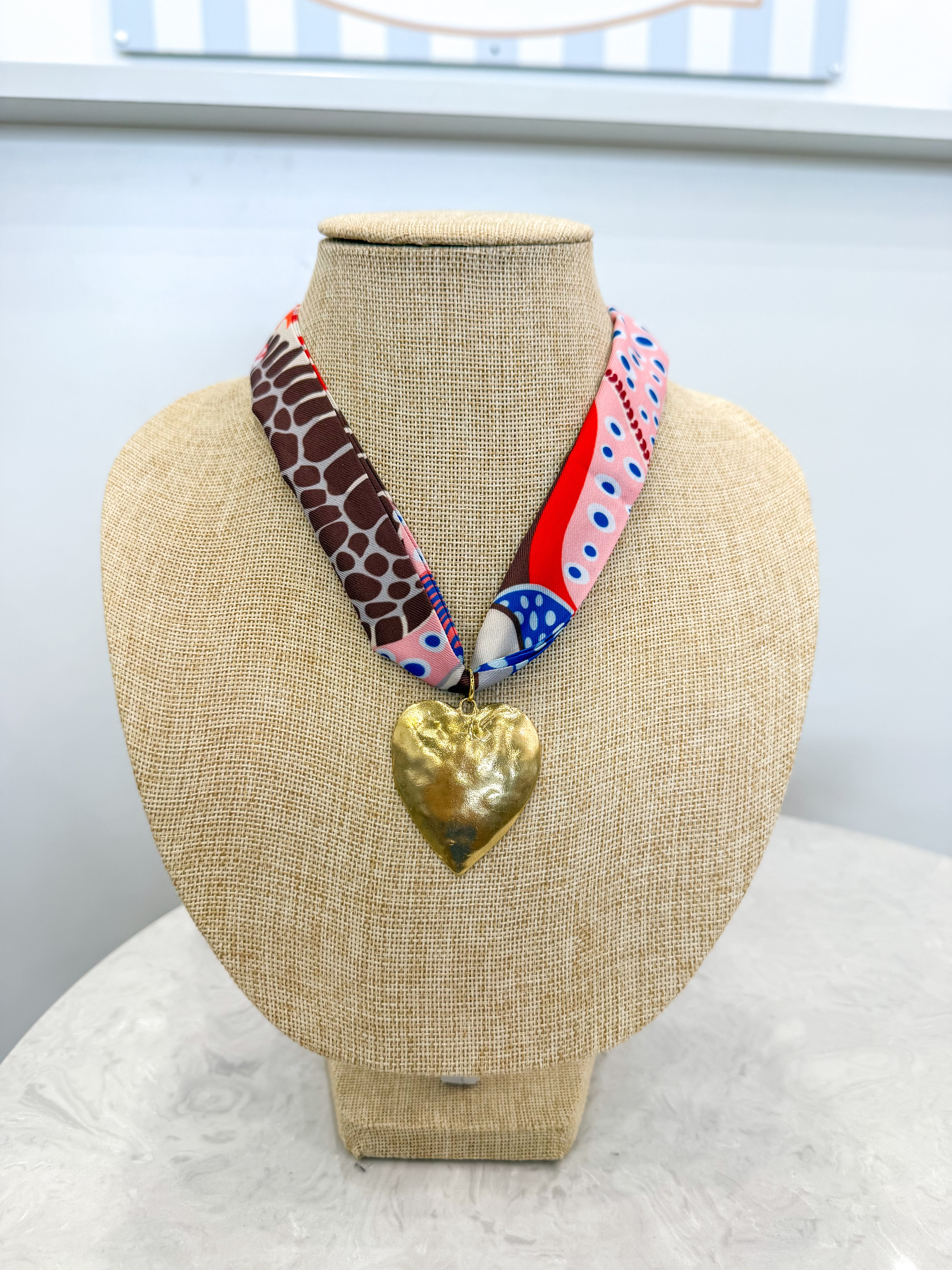 Ocean Print Gold Heart Scarf Necklace