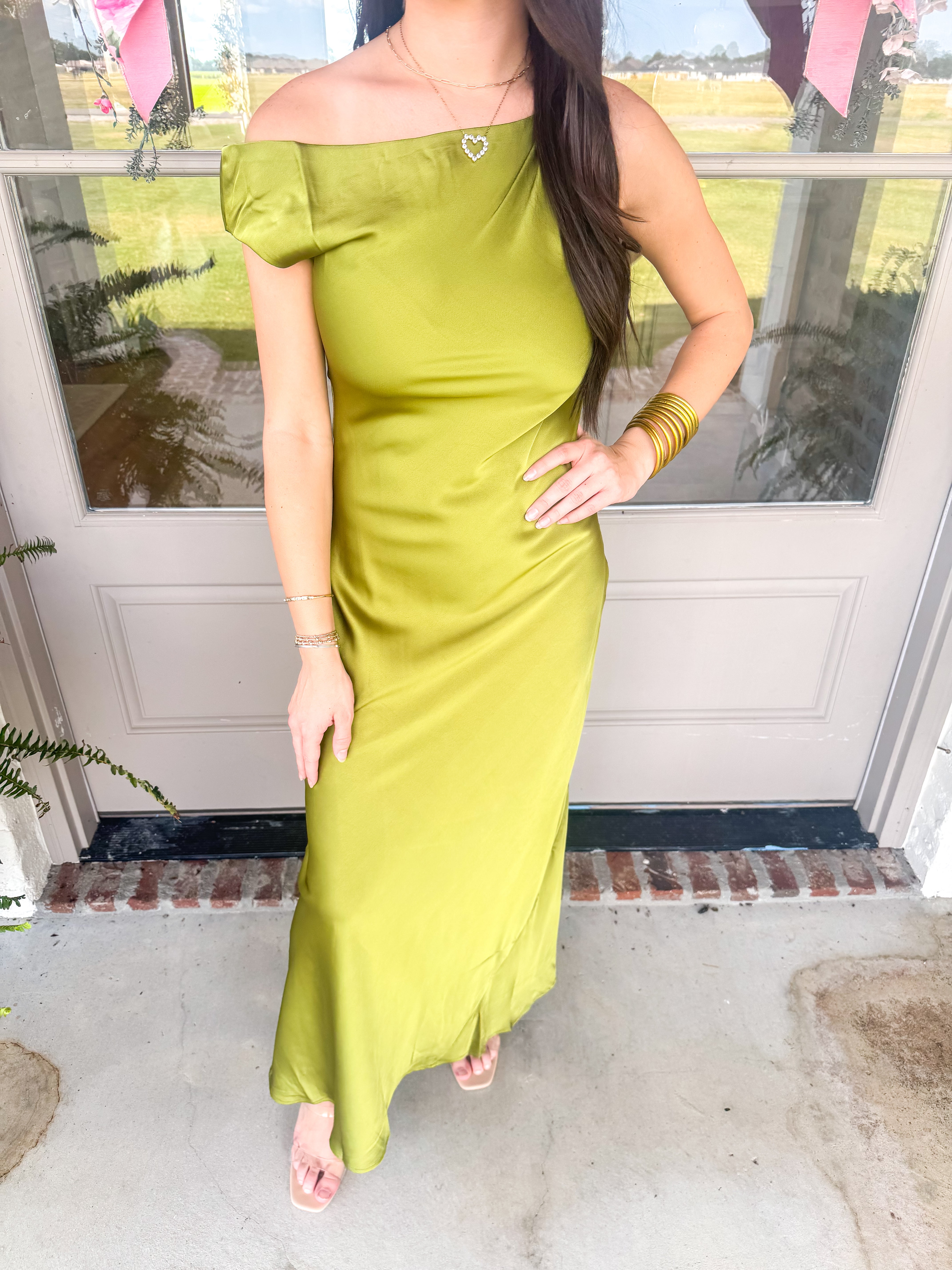 The Olive Hour One-Shoulder Satin Maxi Dress