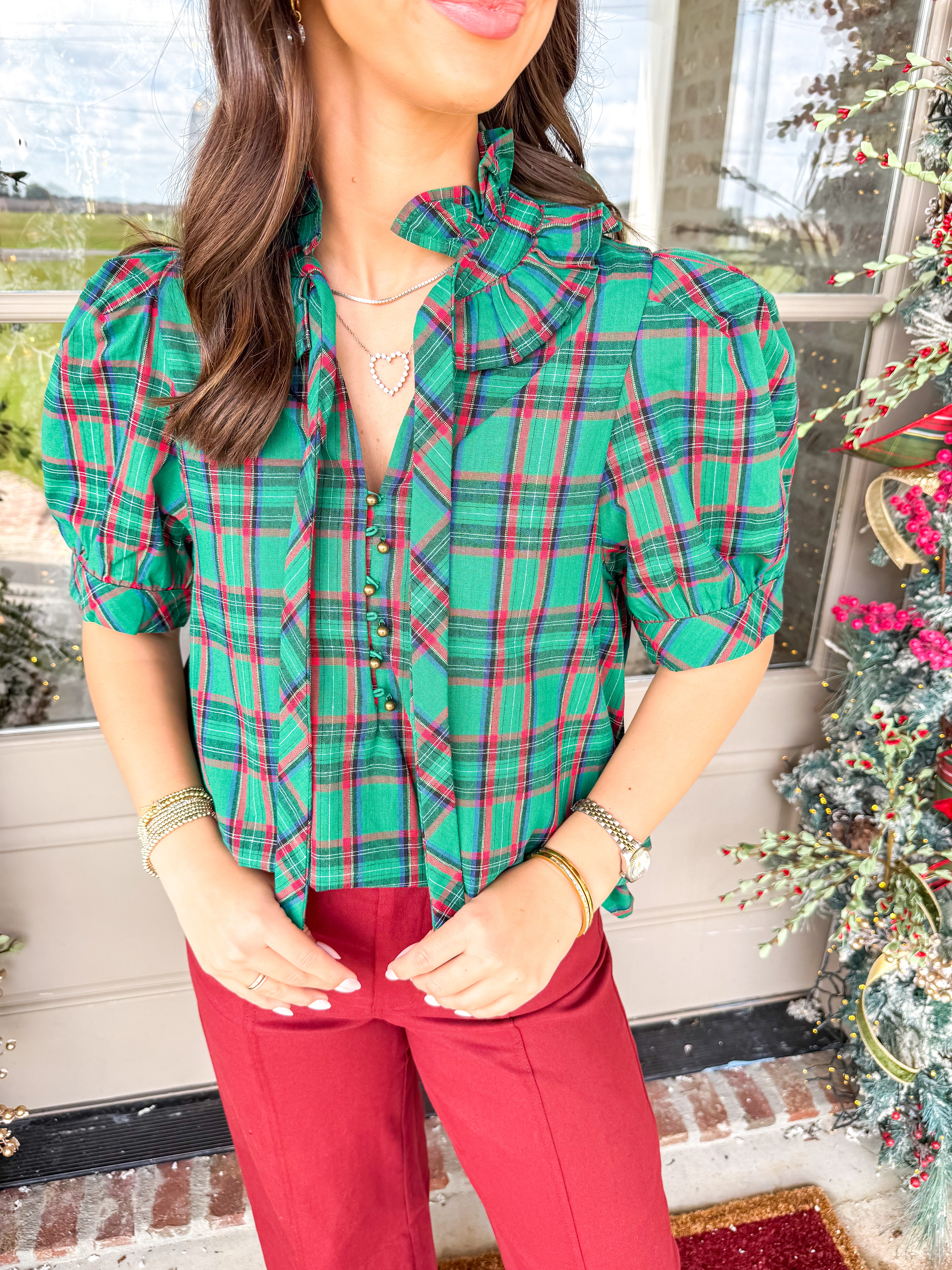 Scarlett Plaid Puff Sleeve Top Green