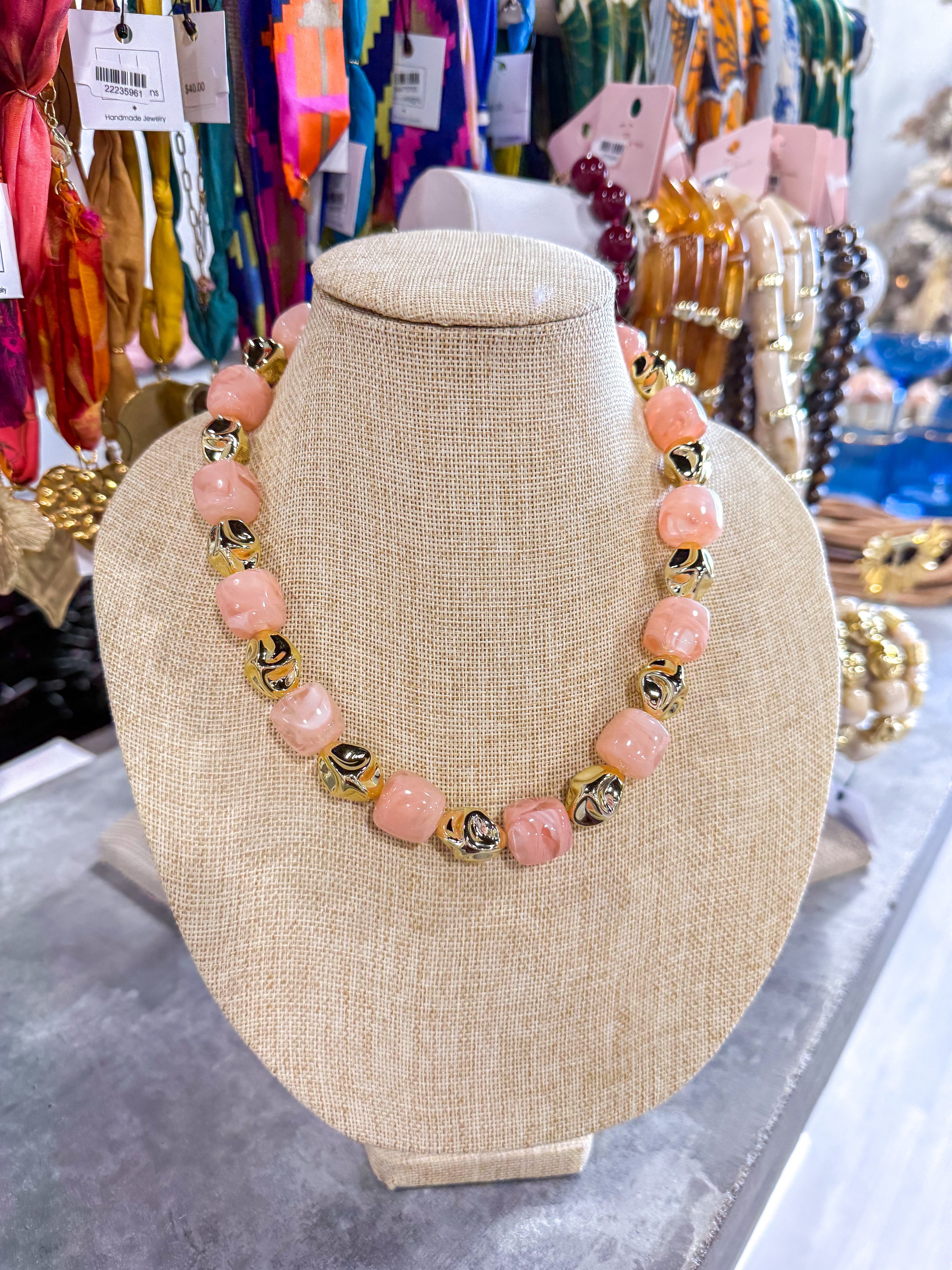 Pink & Gold Stone Necklace