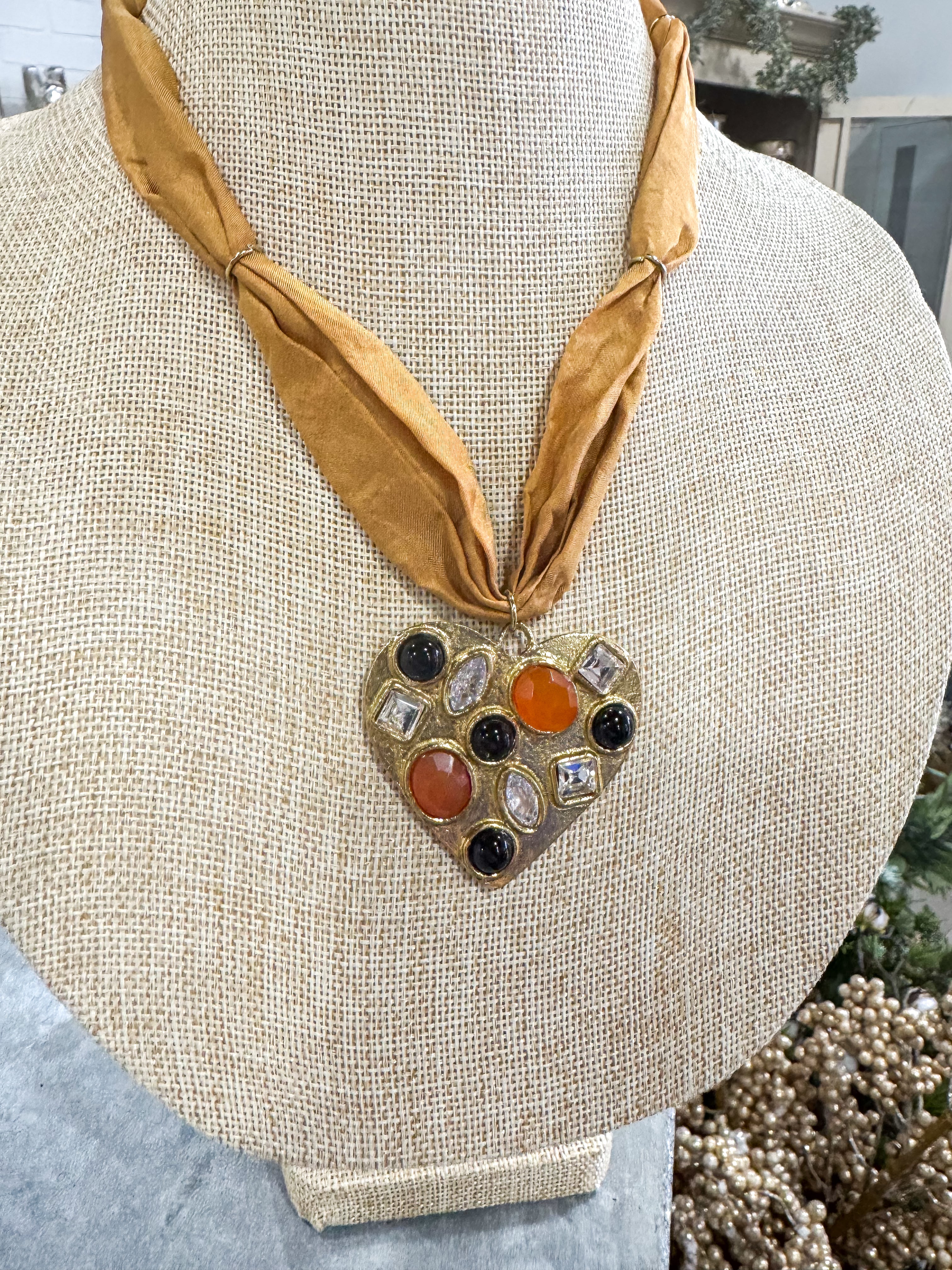 Camel Gemstone Heart Scarf Necklace