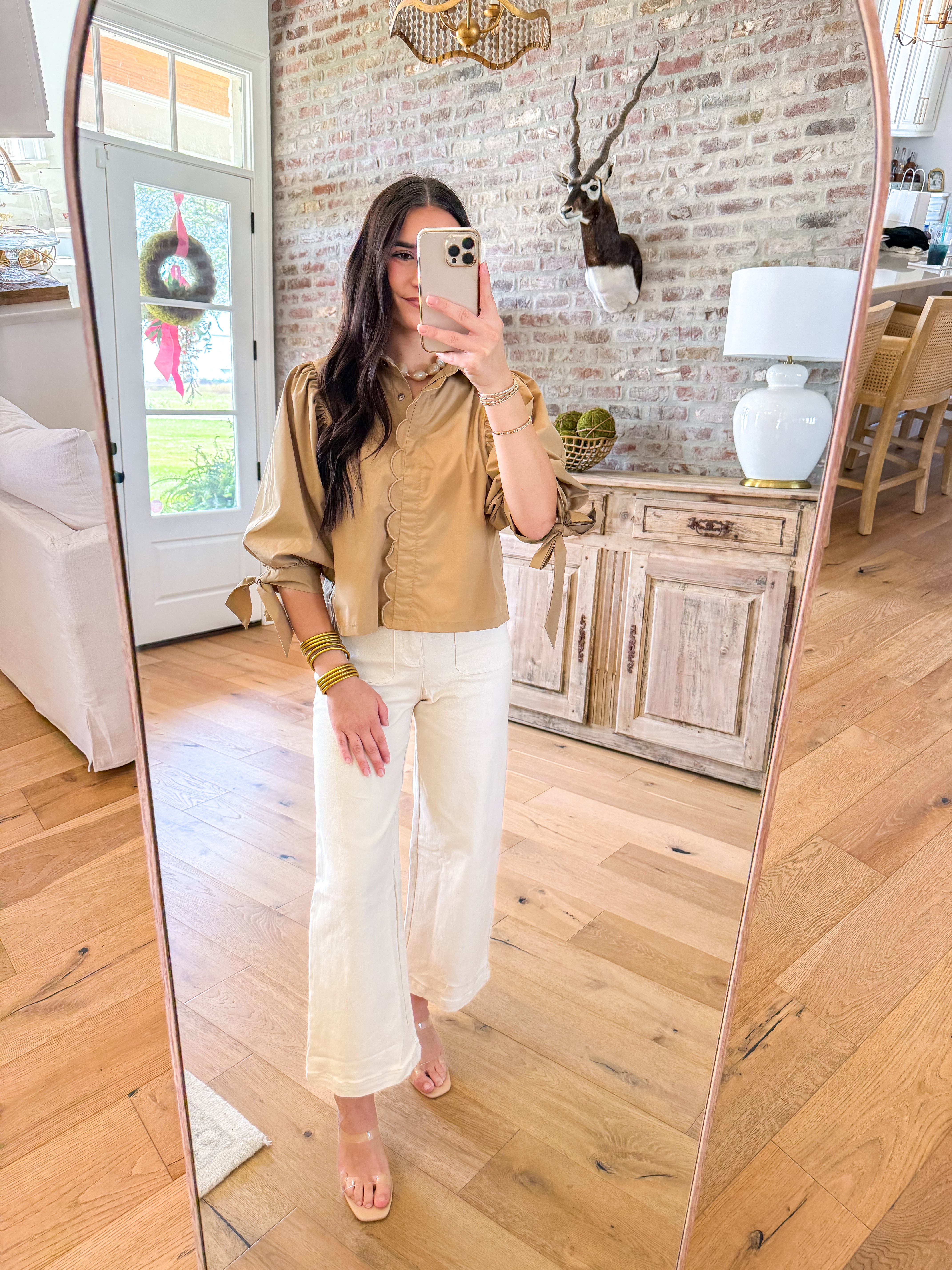 Scalloped Edge Puff Sleeve Top Camel