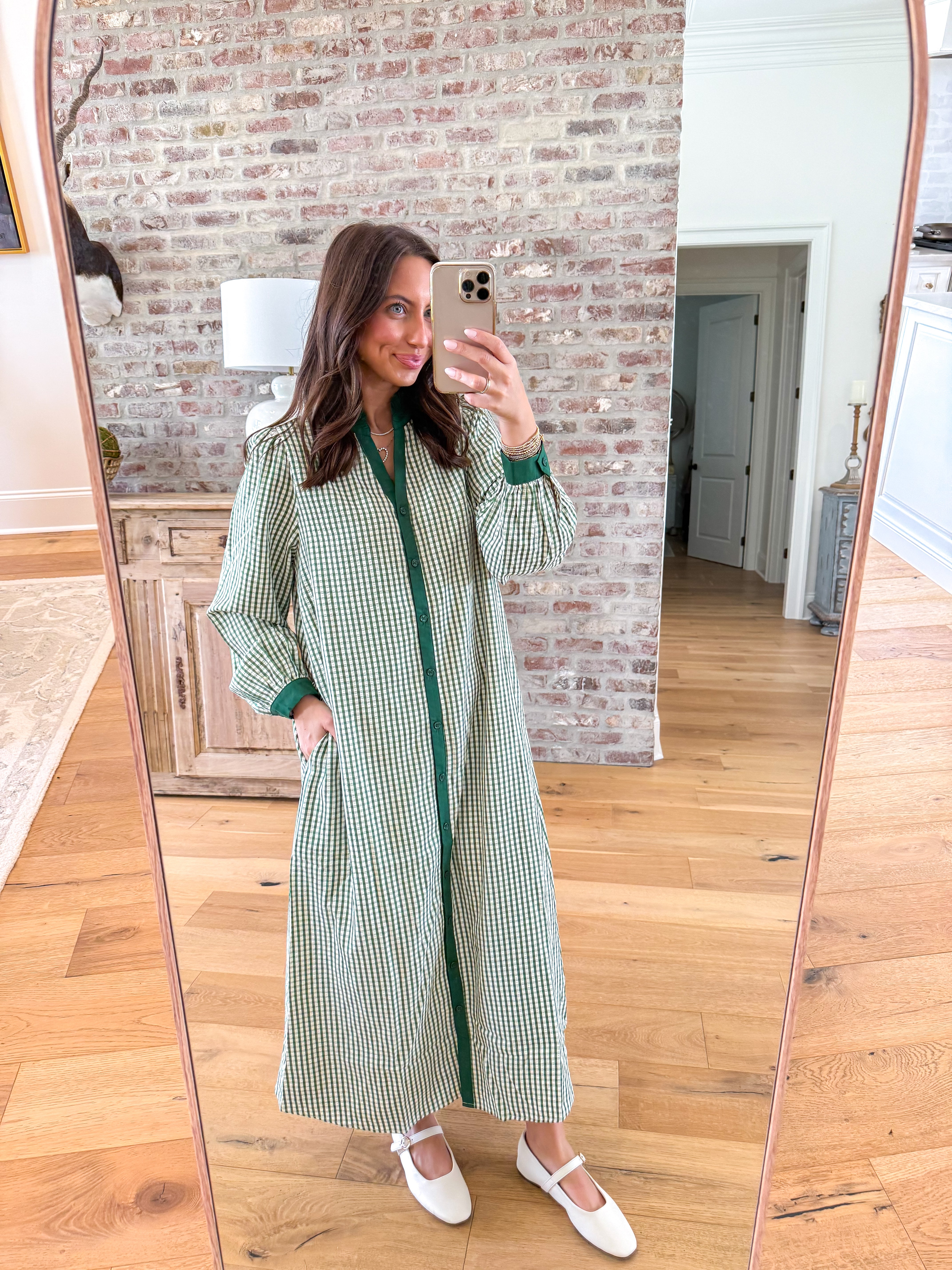 Green Gingham Ruffle Midi Dress