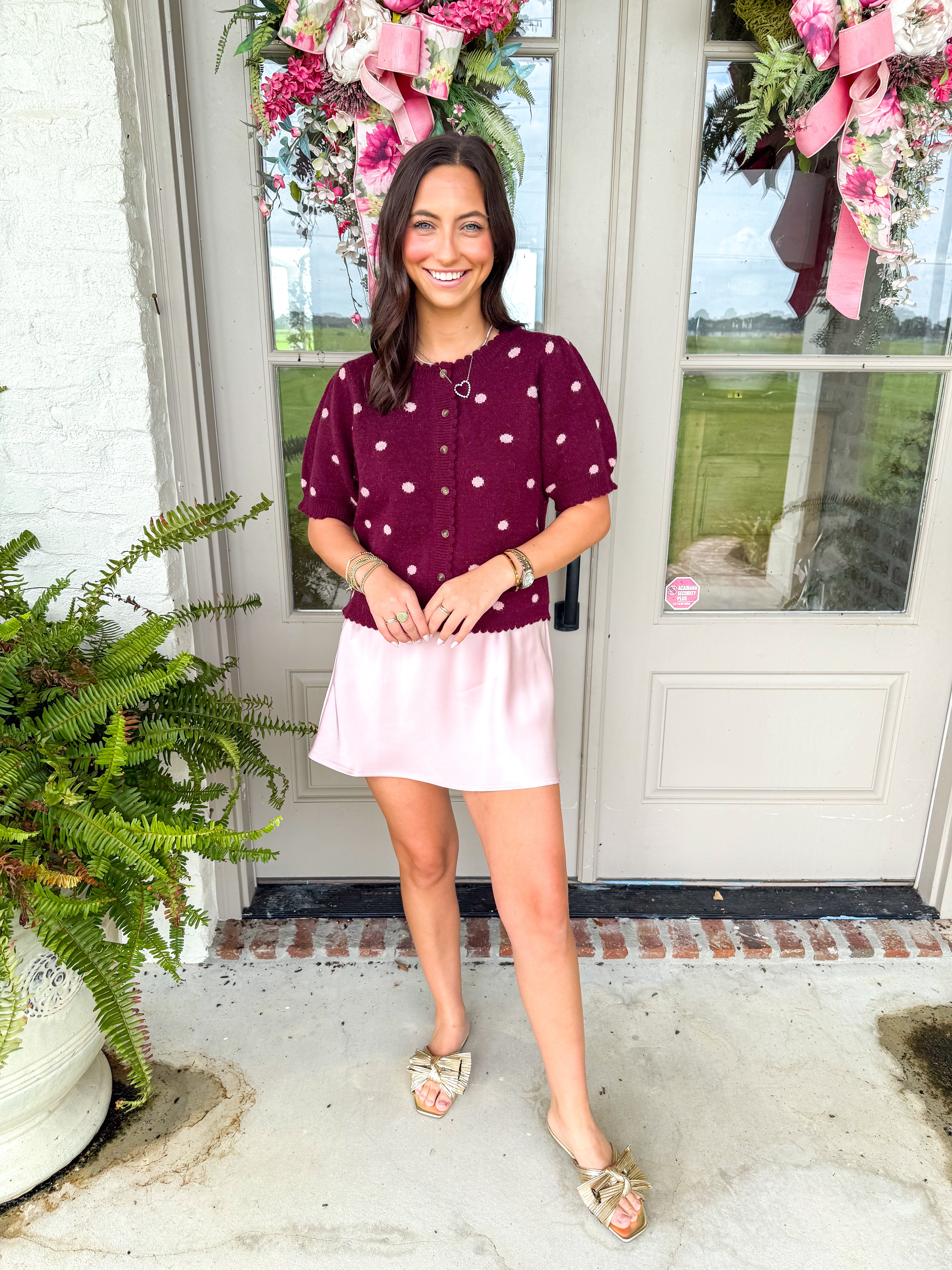 Burgundy Polka Dot Puff Sleeve Cardigan