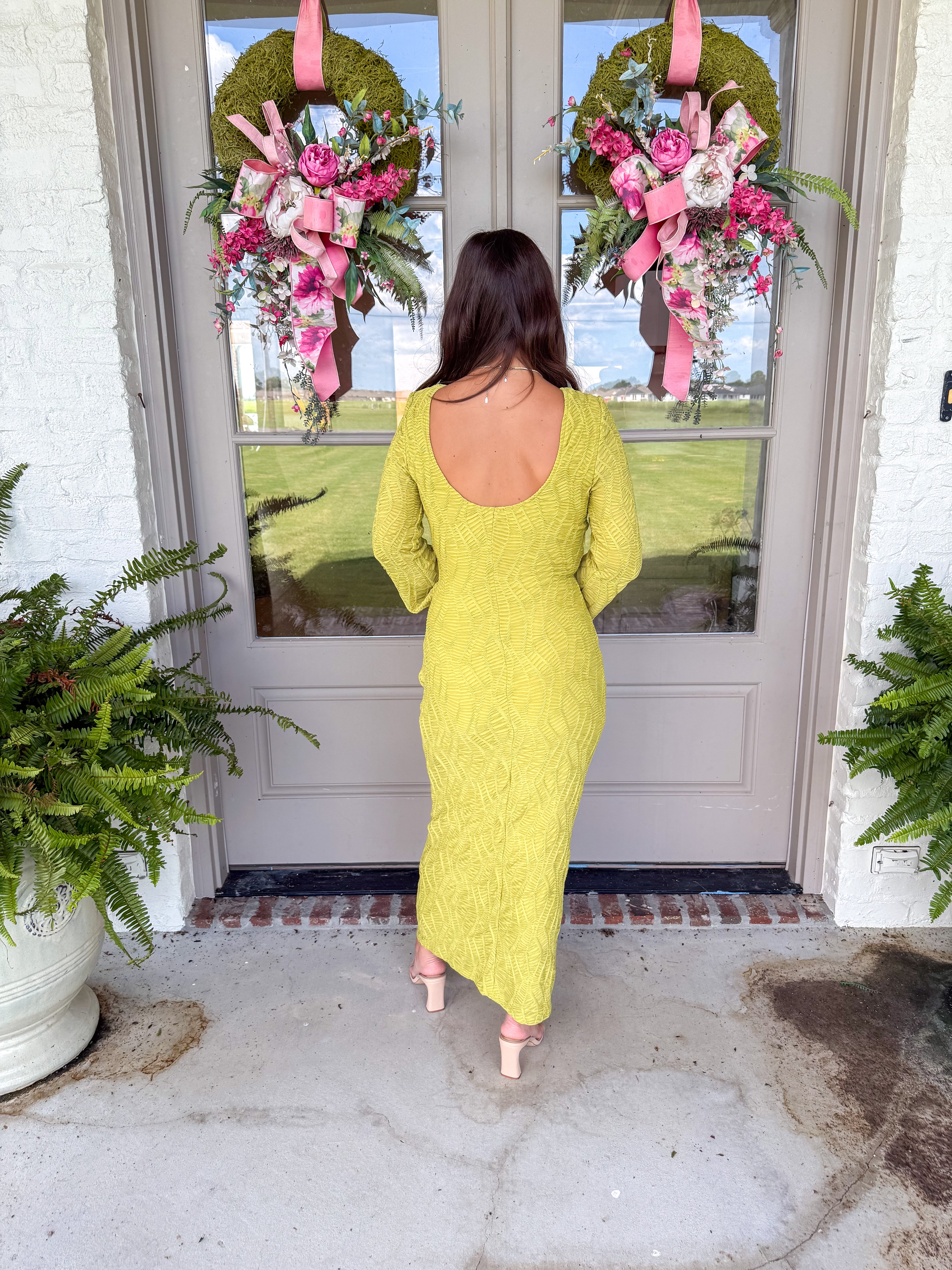 Chartreuse Textured Knit Midi Dress