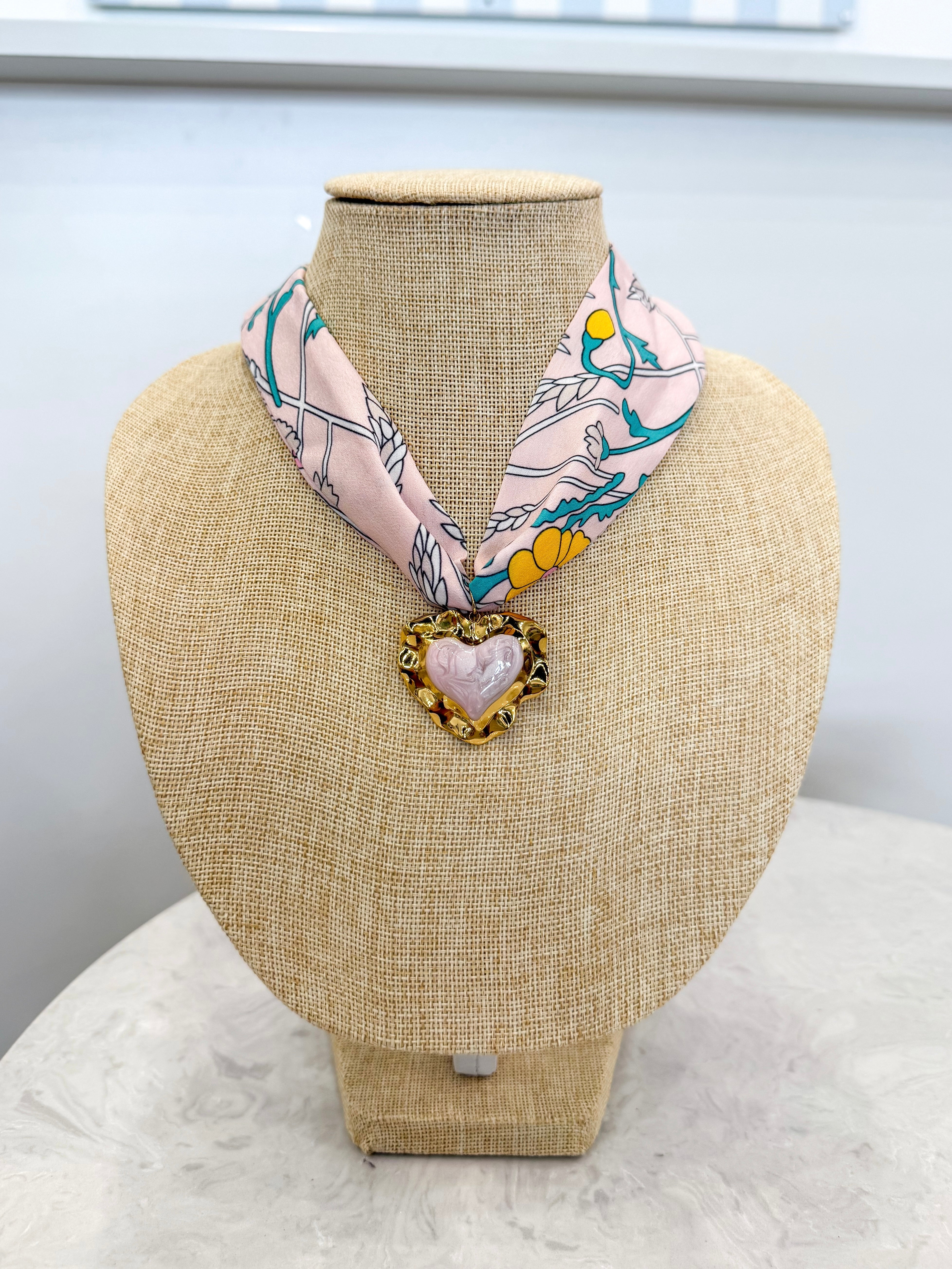 Retro Floral Pink Heart Scarf Necklace