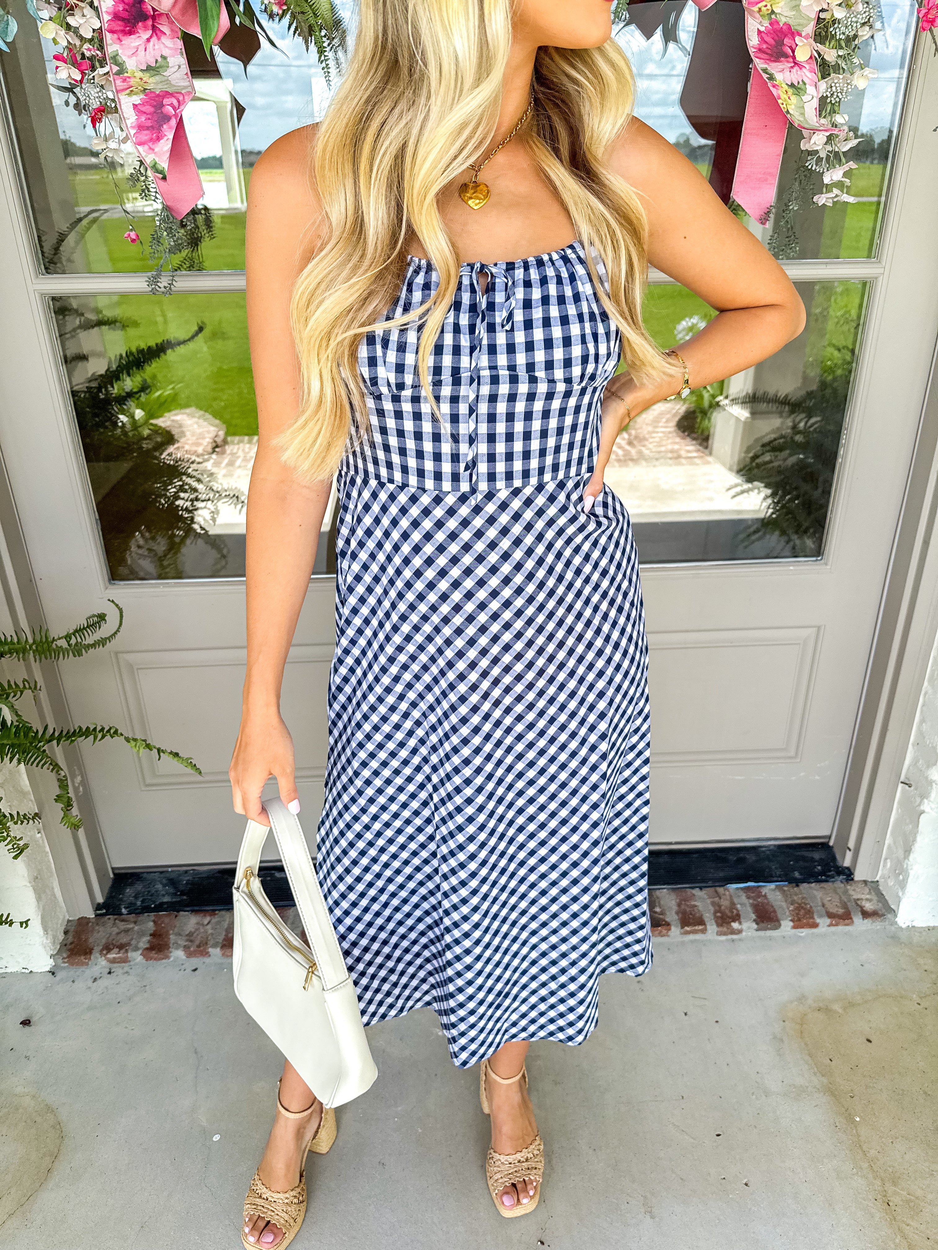 Florence Navy Gingham Slip Midi Dress