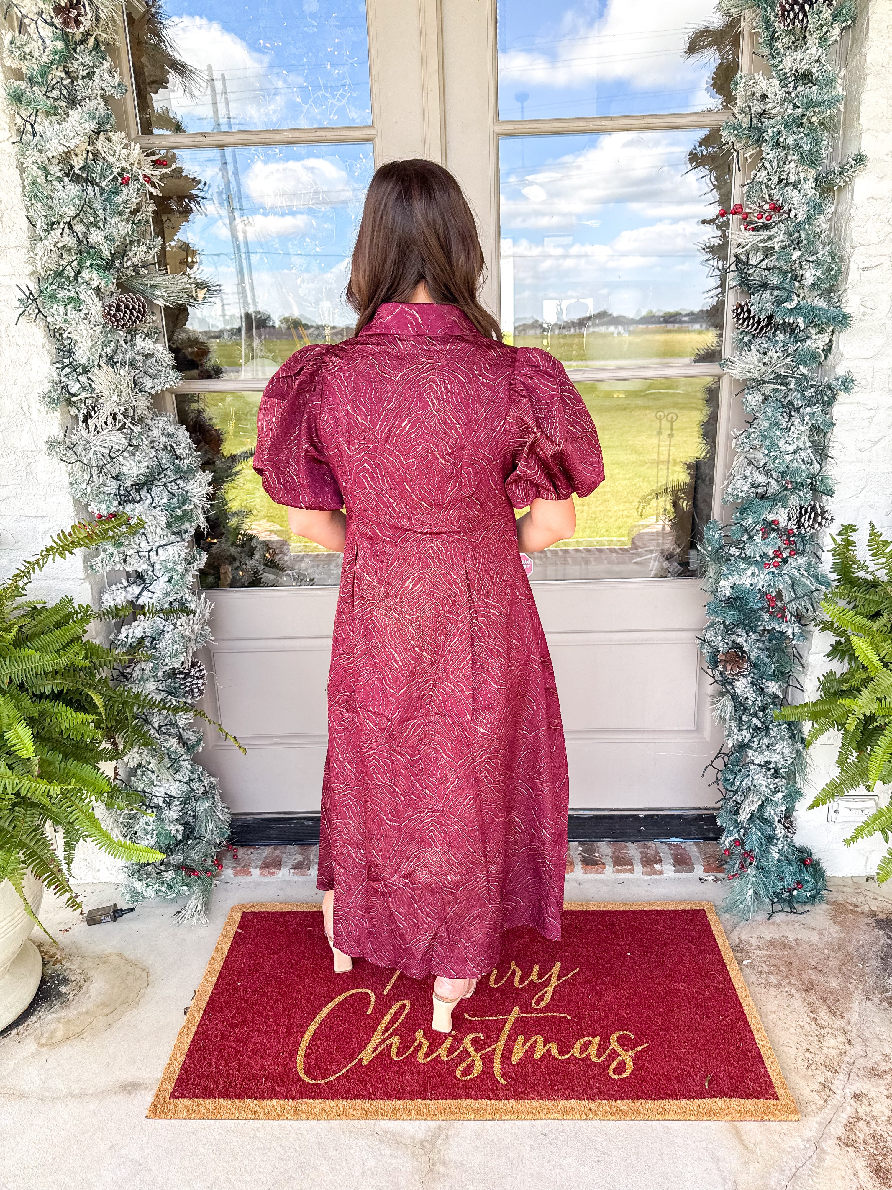 The Burgundy Lurex Puff Sleeve Midi Dress