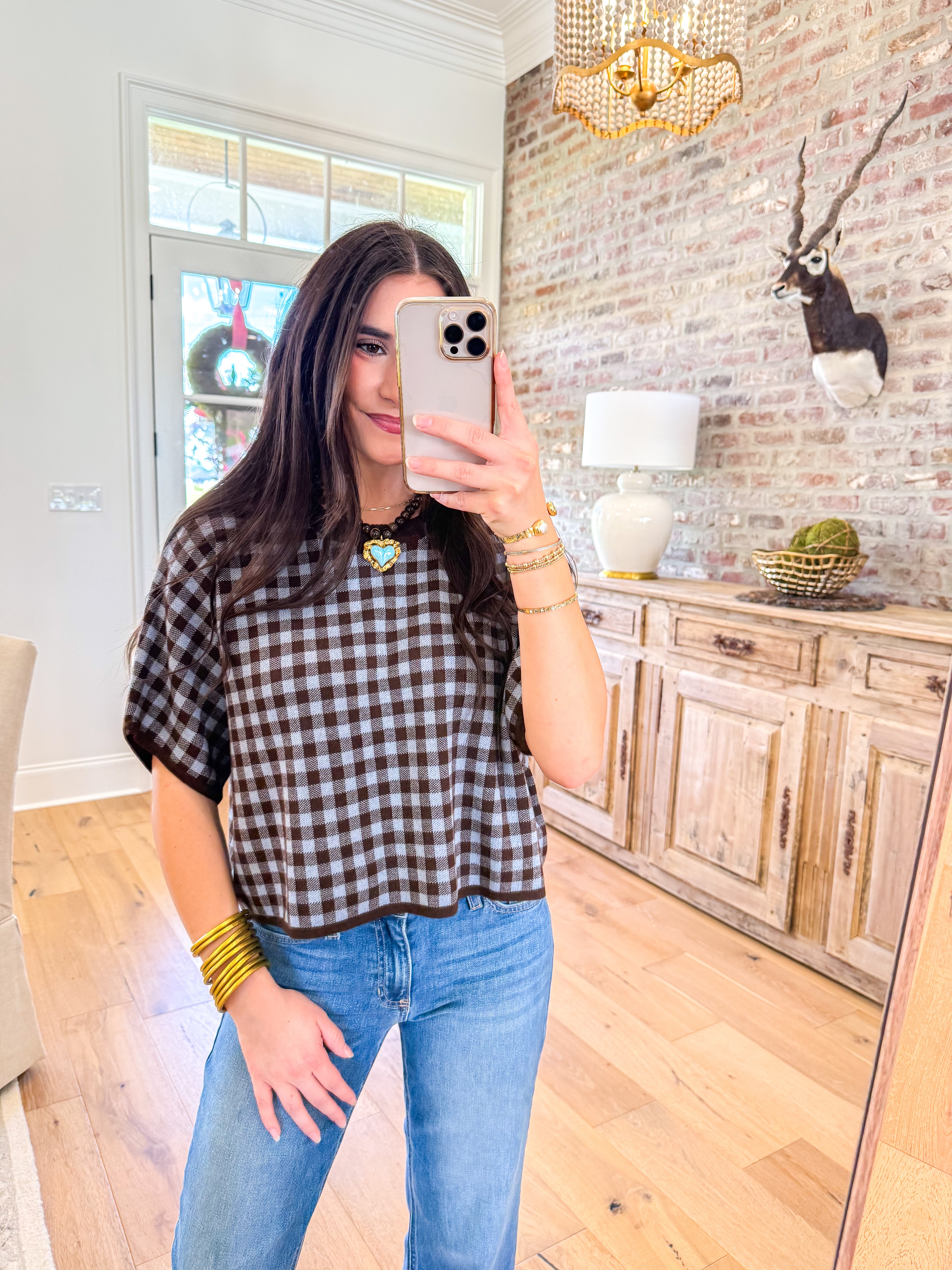 Brown Gingham & Grace Cropped Knit Top