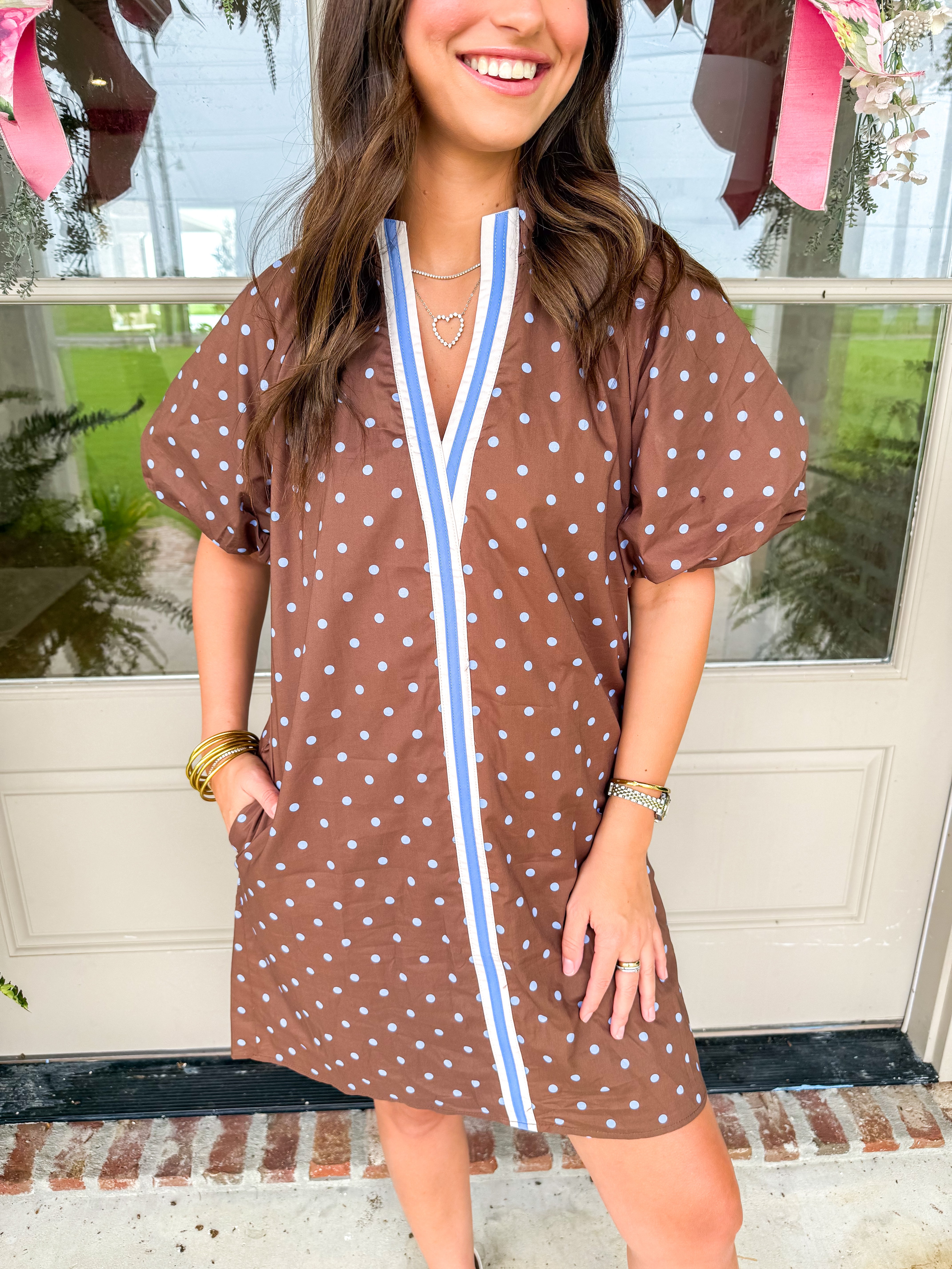 Dot Your I's Puff Sleeve Mini Brown