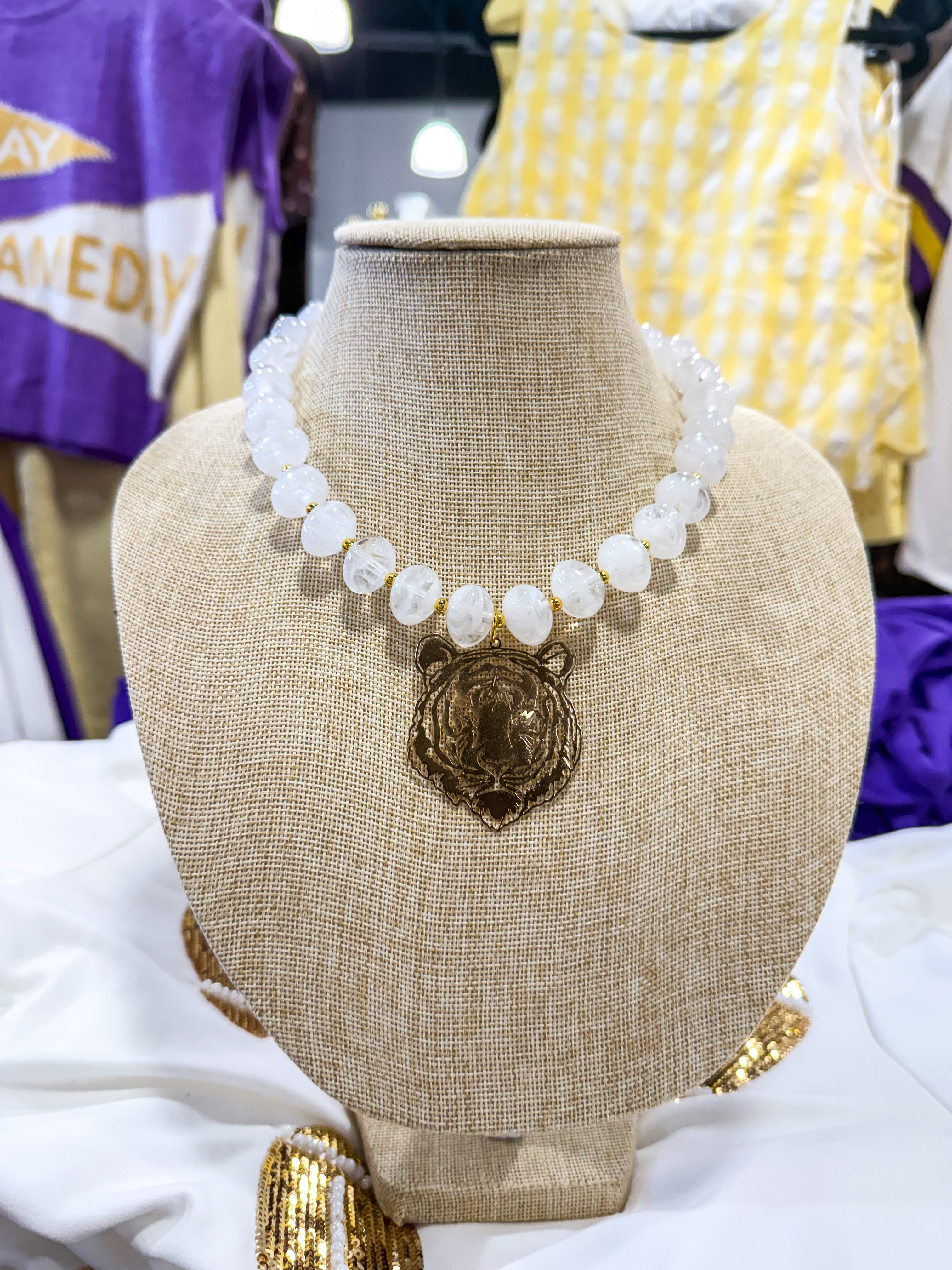 Game Day Tiger Charm Necklace- White Large Tiger