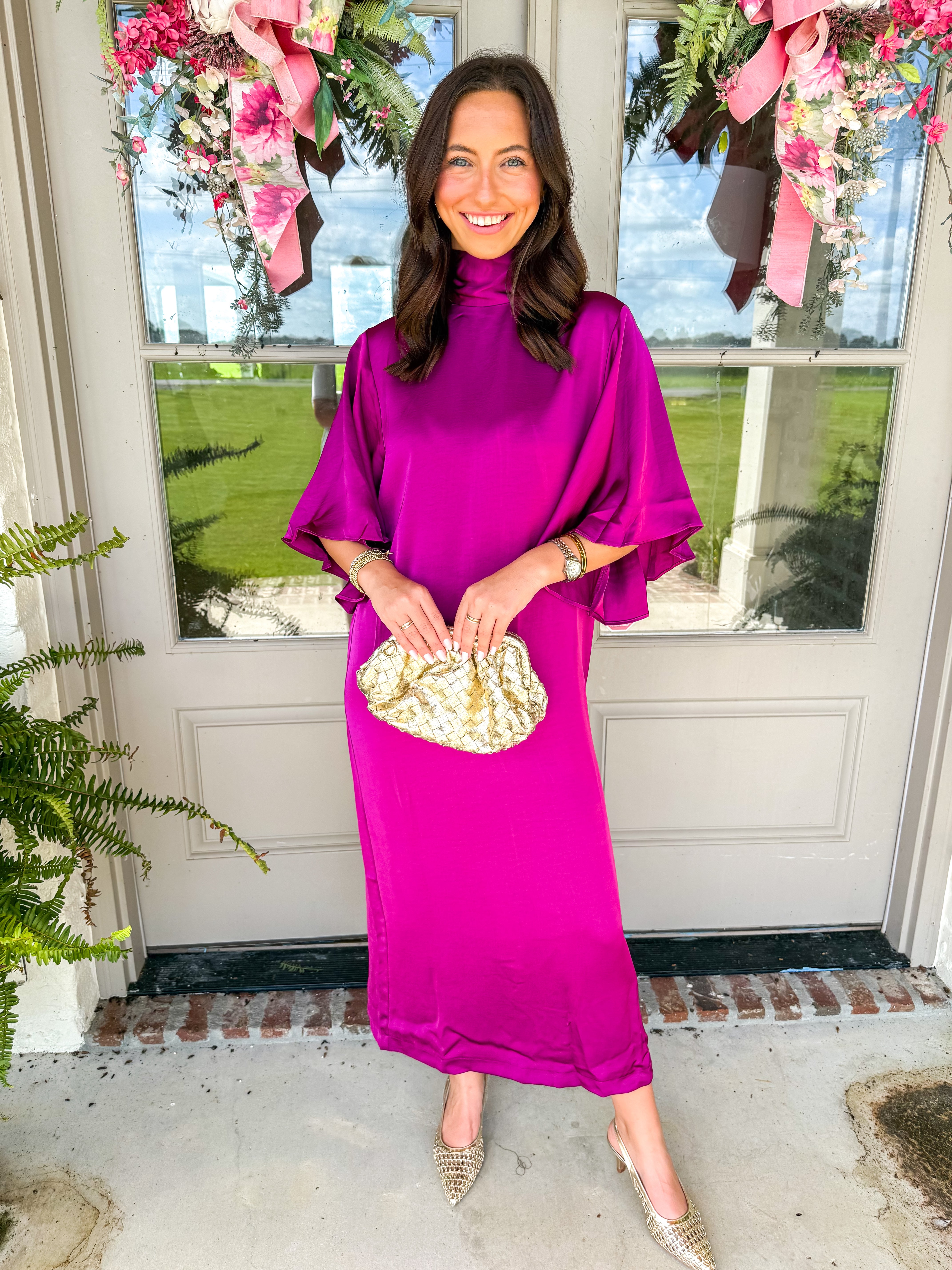 Magenta Hour Satin Tie-Back Midi Dress