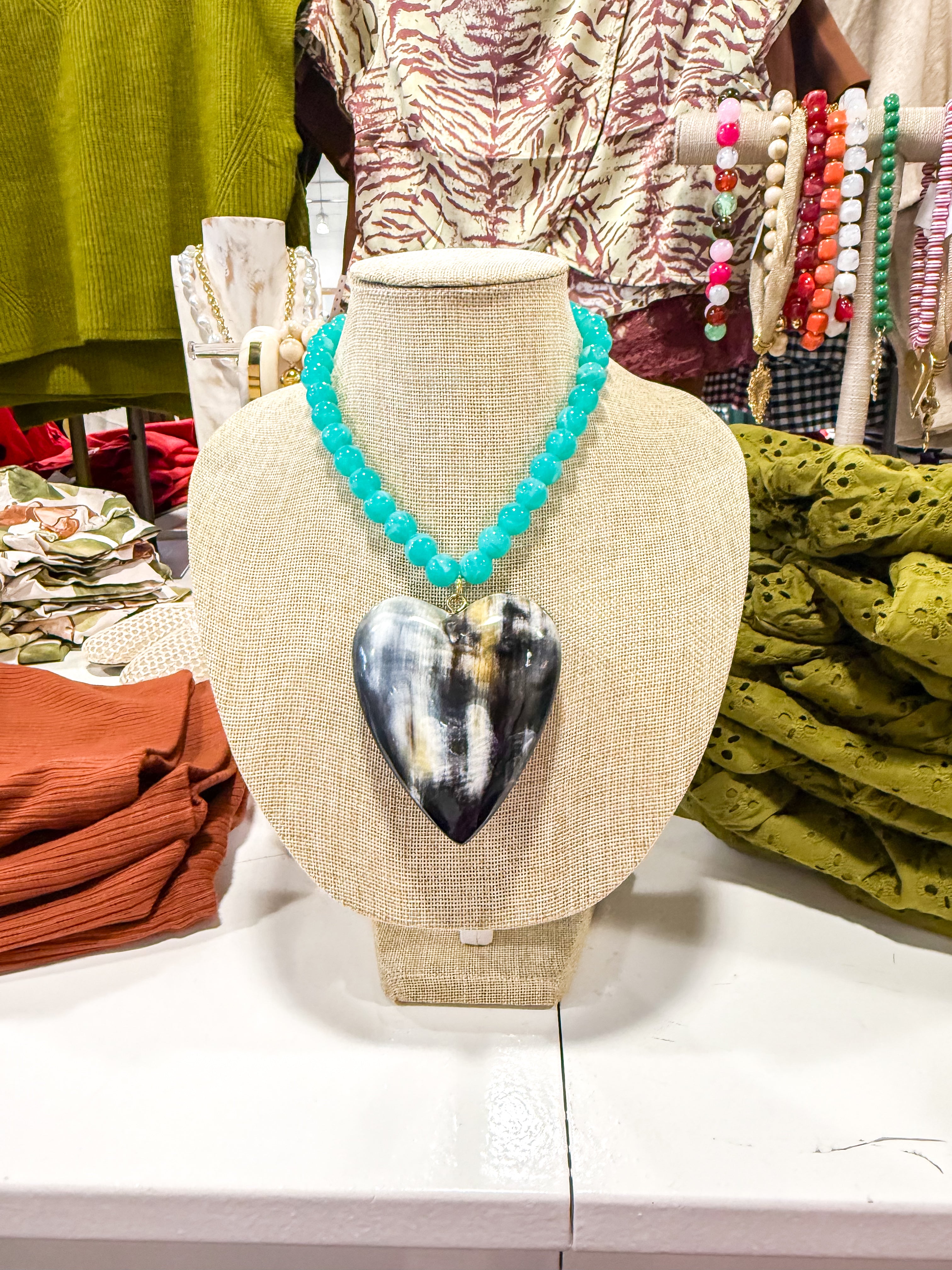 Large Black Ombre Heart Turquoise Beaded Necklace
