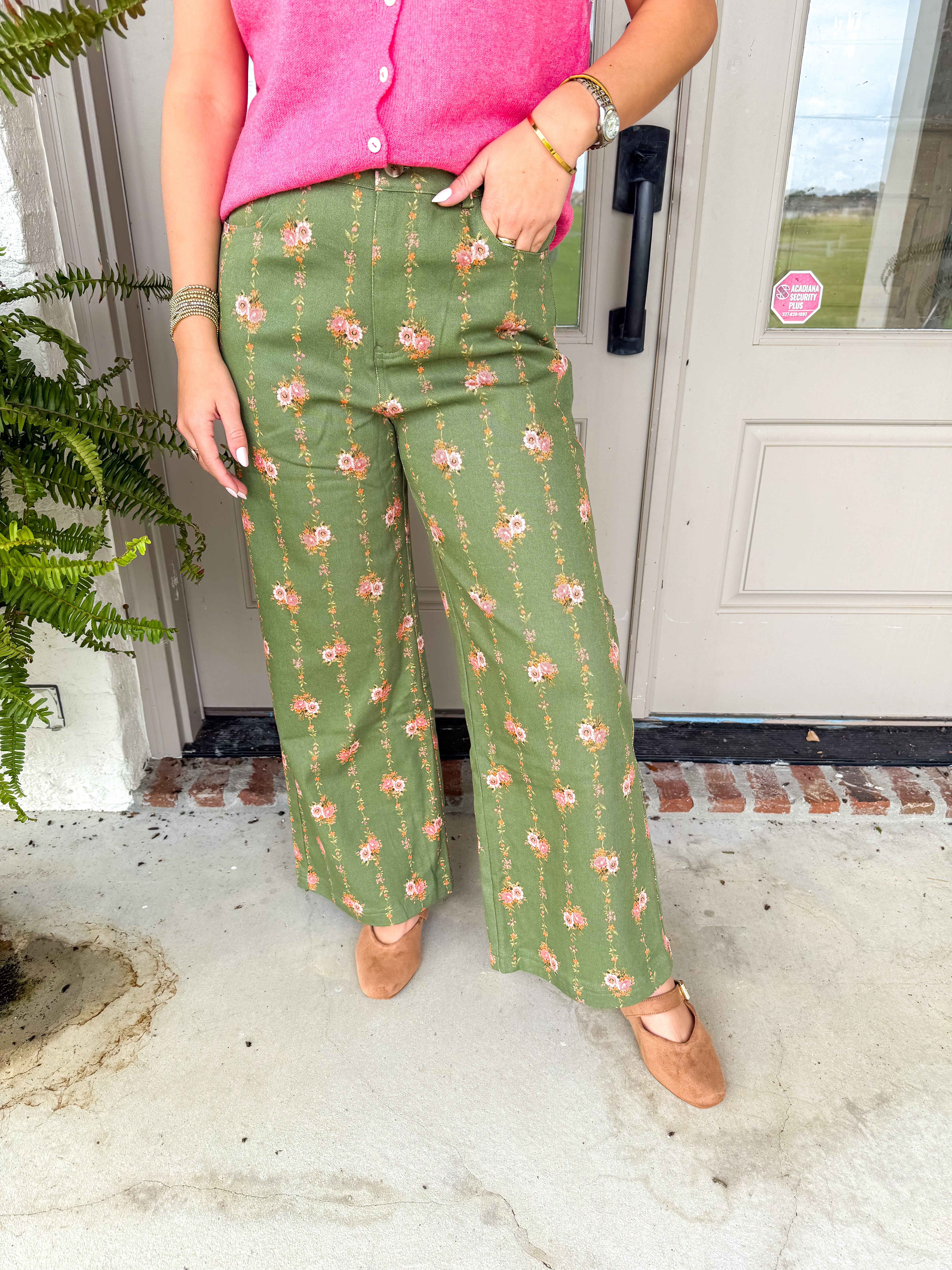 Meadowbrook Floral Wide Leg Pants Olive