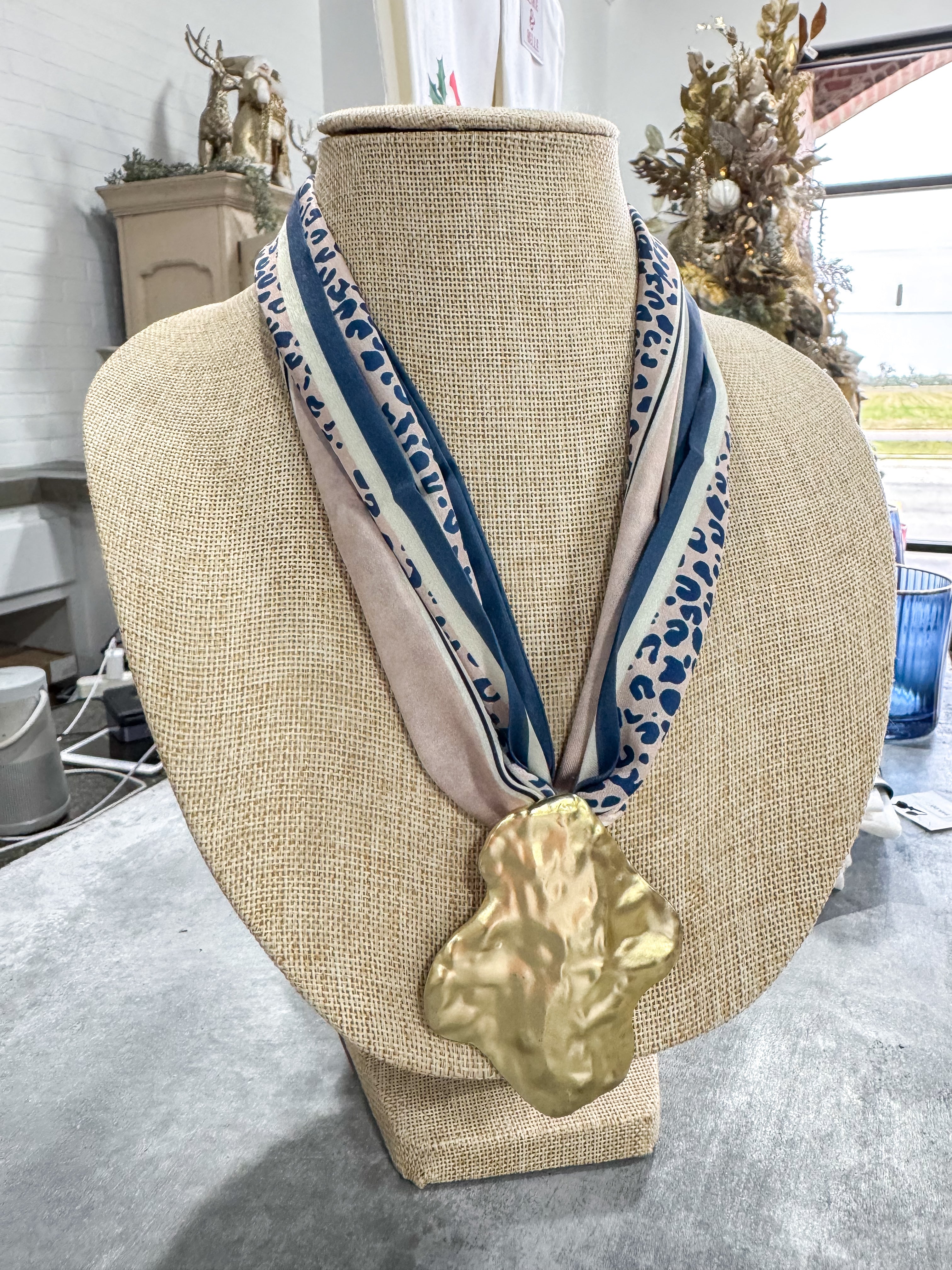 Tan & Blue Cheeta Scarf Necklace Gold Pendant