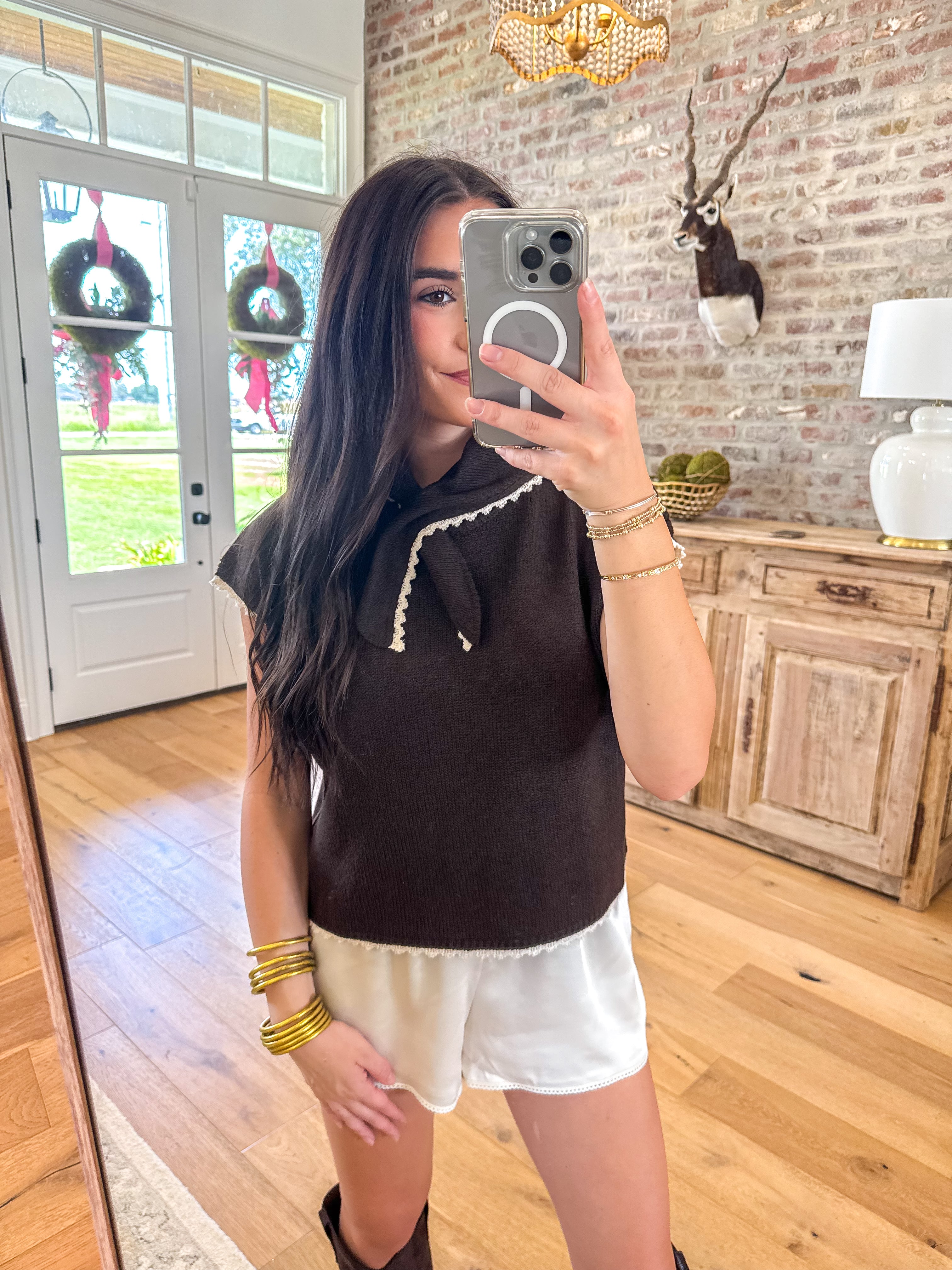 Chocolate Scarf-Tie Knit Top