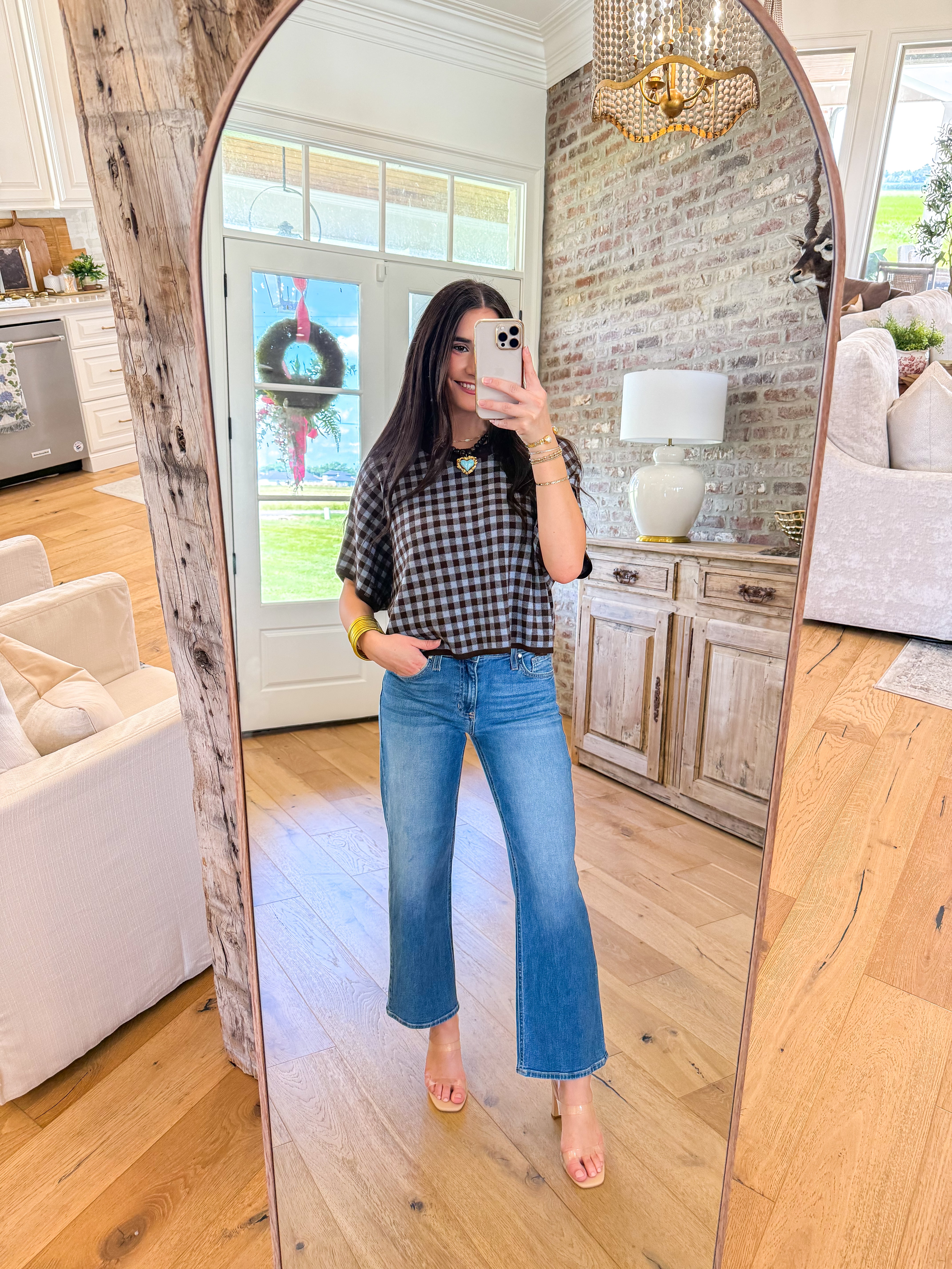 Brown Gingham & Grace Cropped Knit Top