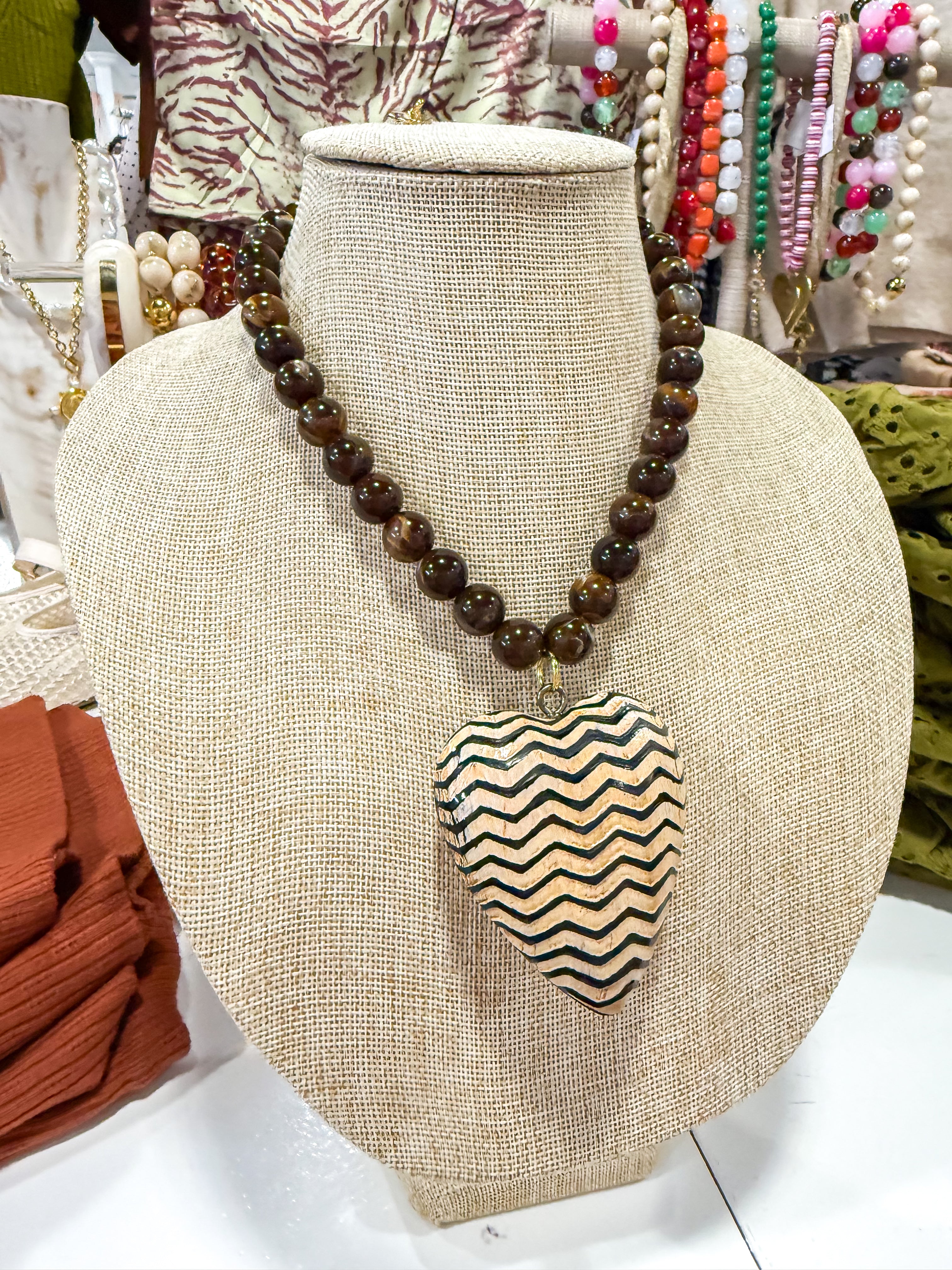 Large Chevron Heart Brown Beaded Necklace