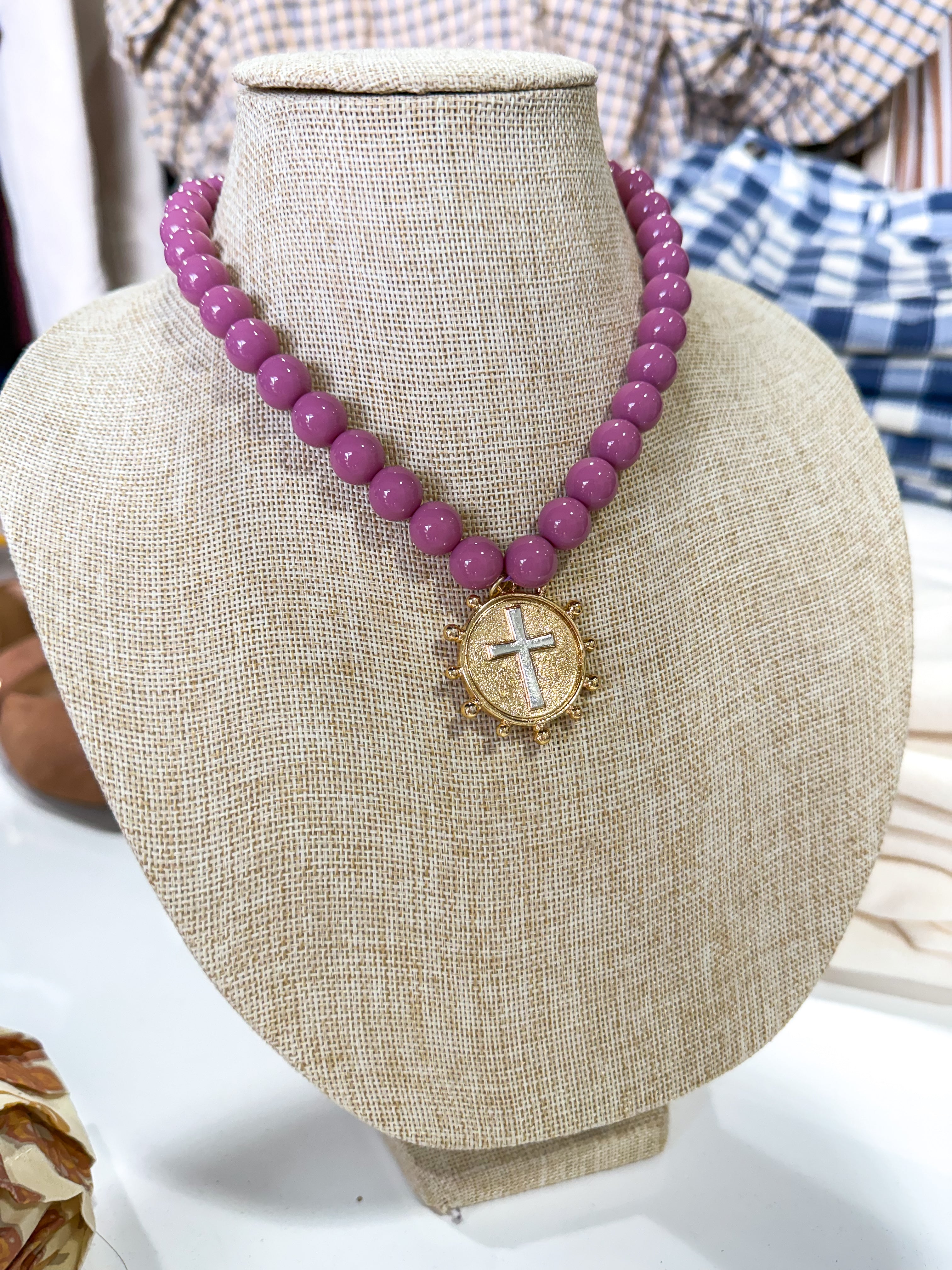 Mauve Cross Beaded Necklace