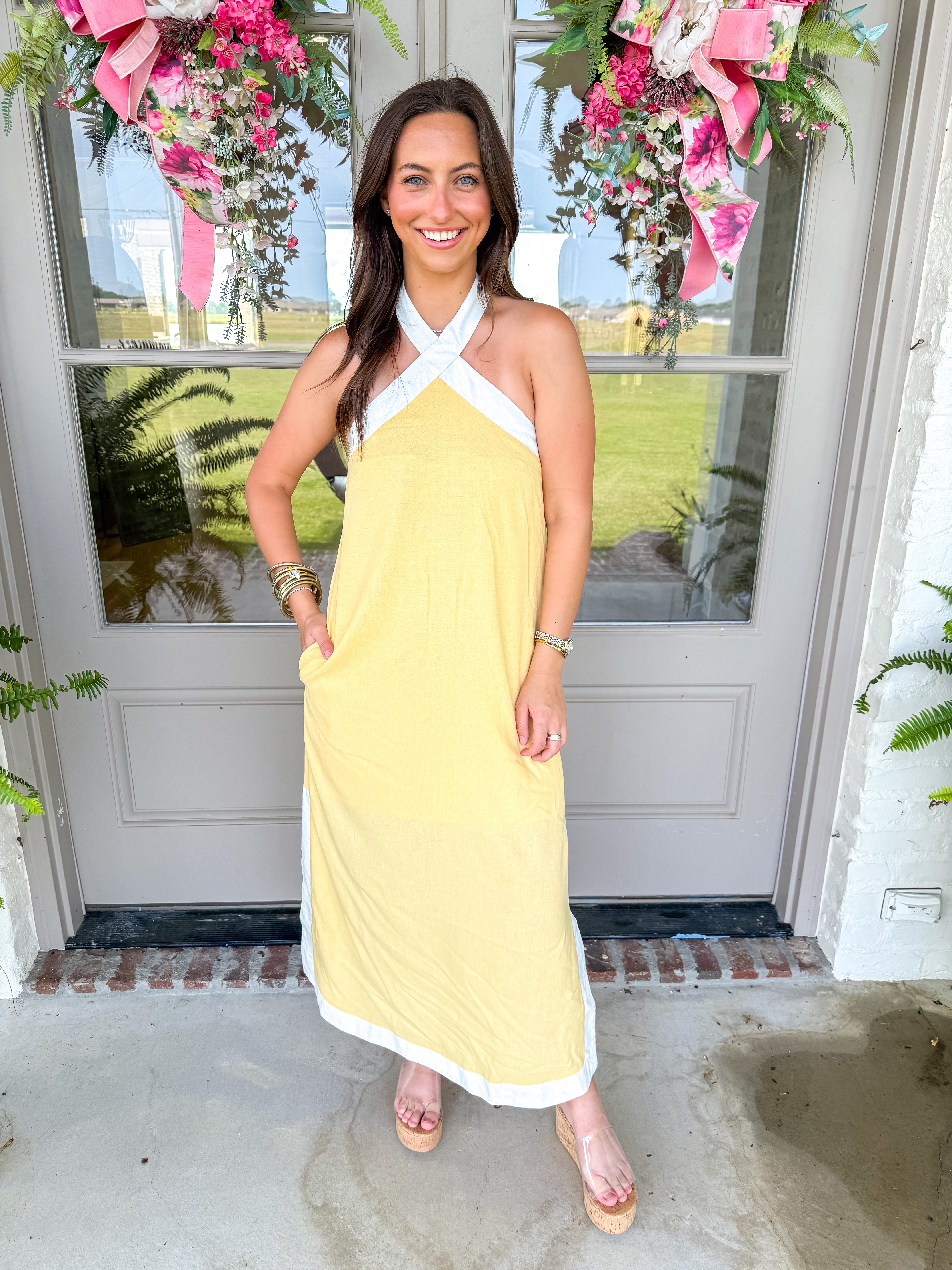 Sunshine & Shadow Halter Midi Yellow