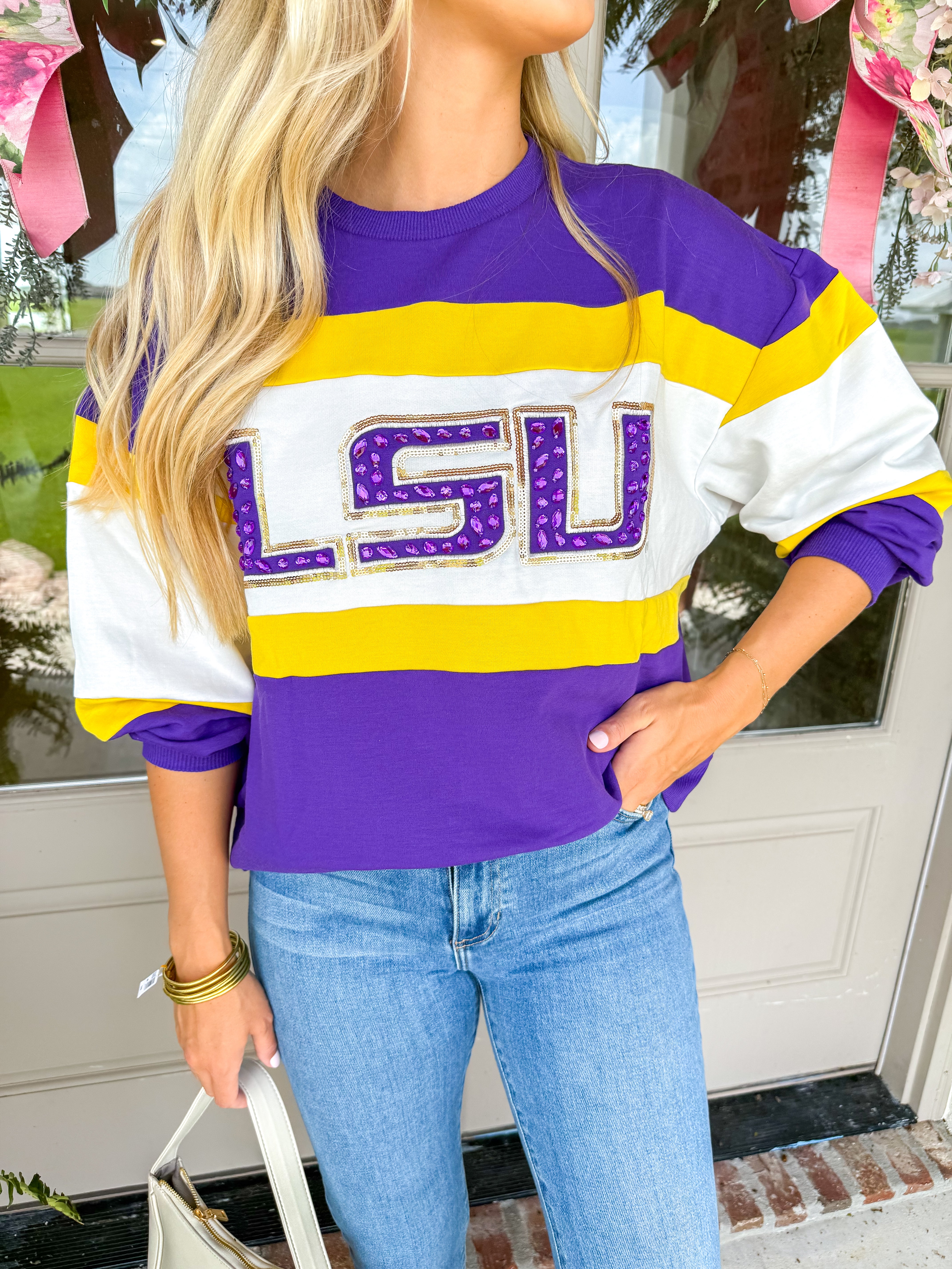 Millie LSU Wide Stripe Sweatshirt