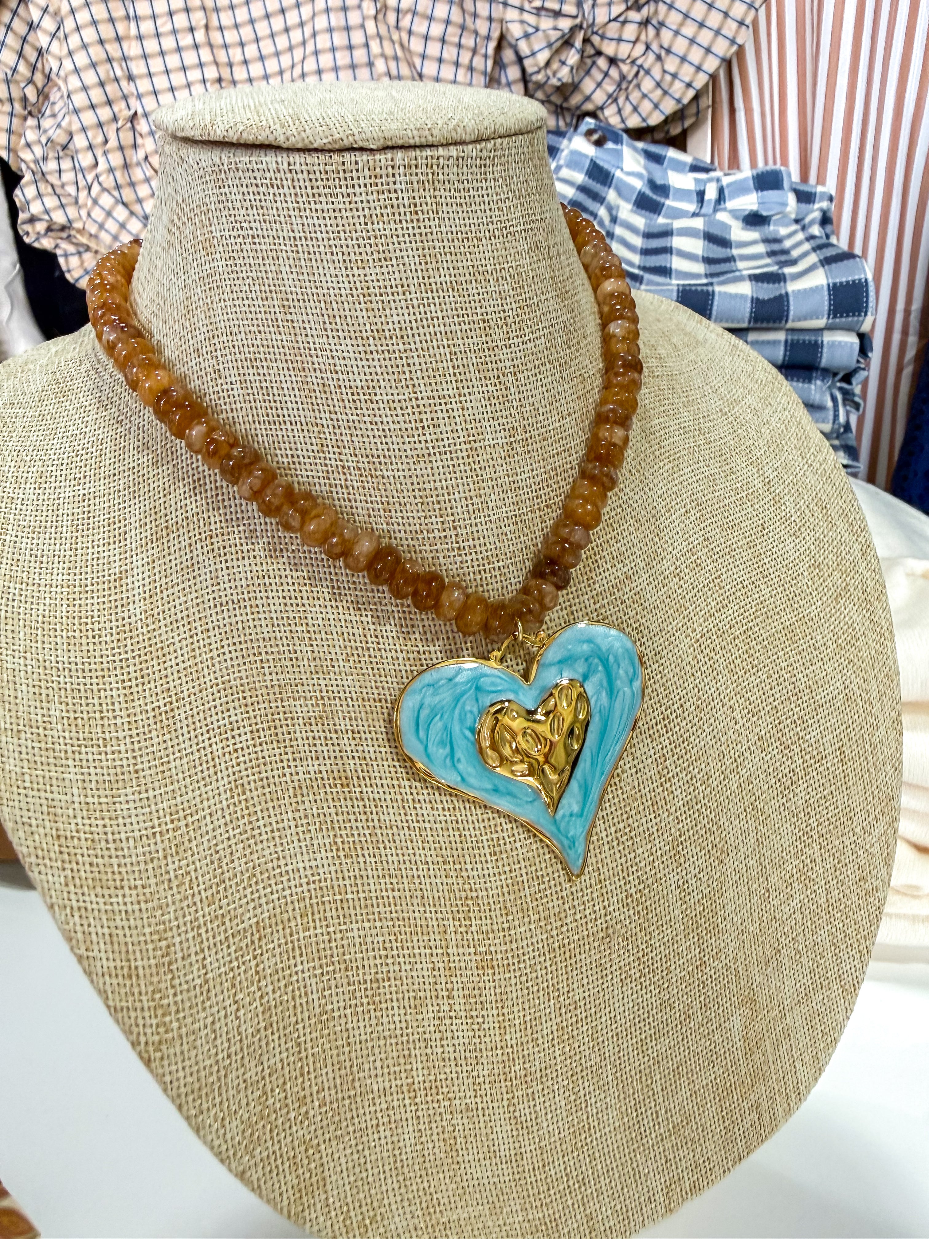 Brown Multi Small Beaded Necklace Blue Heart