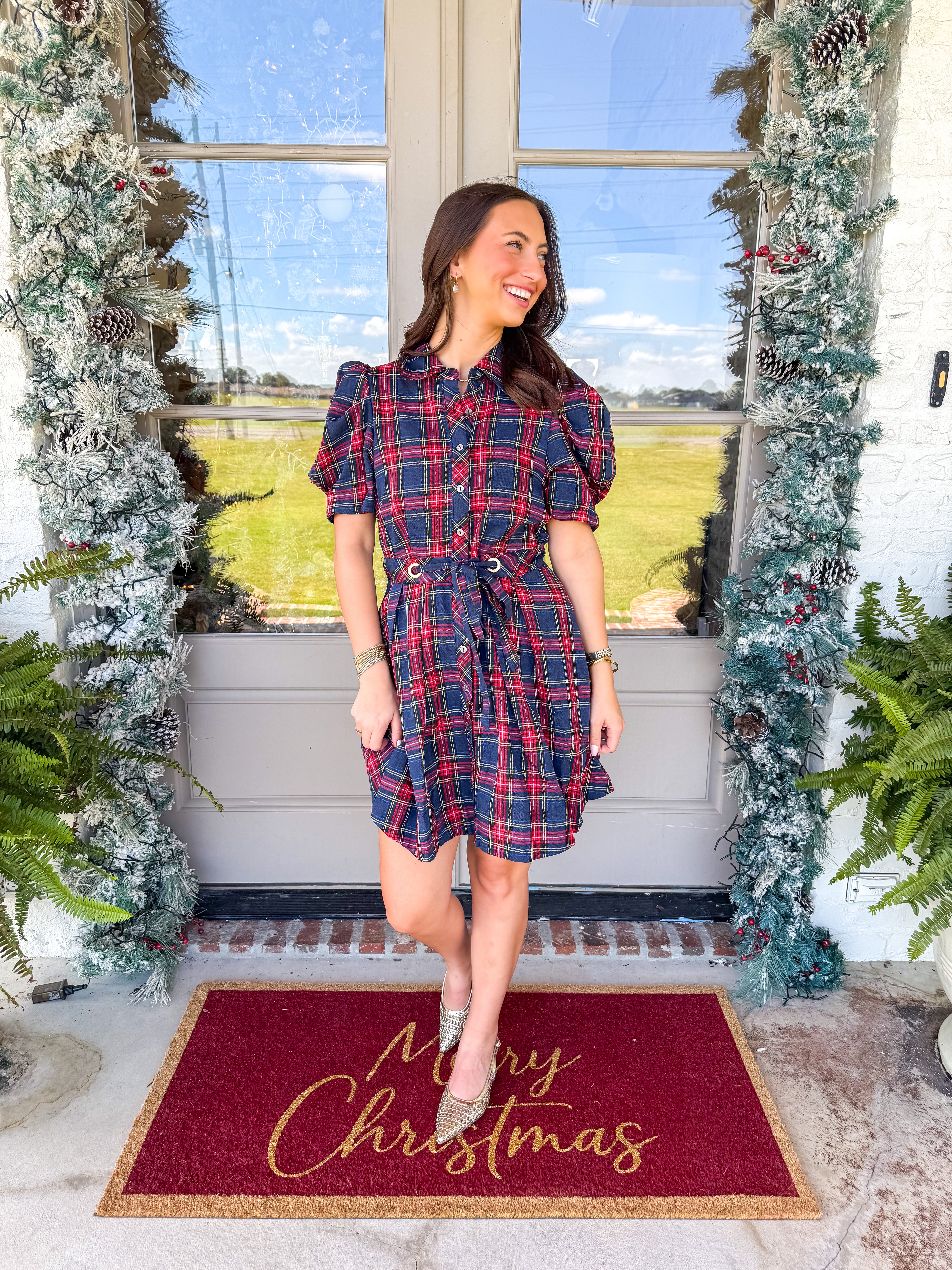Tartan Charm Puff-Sleeve Mini Dress Navy
