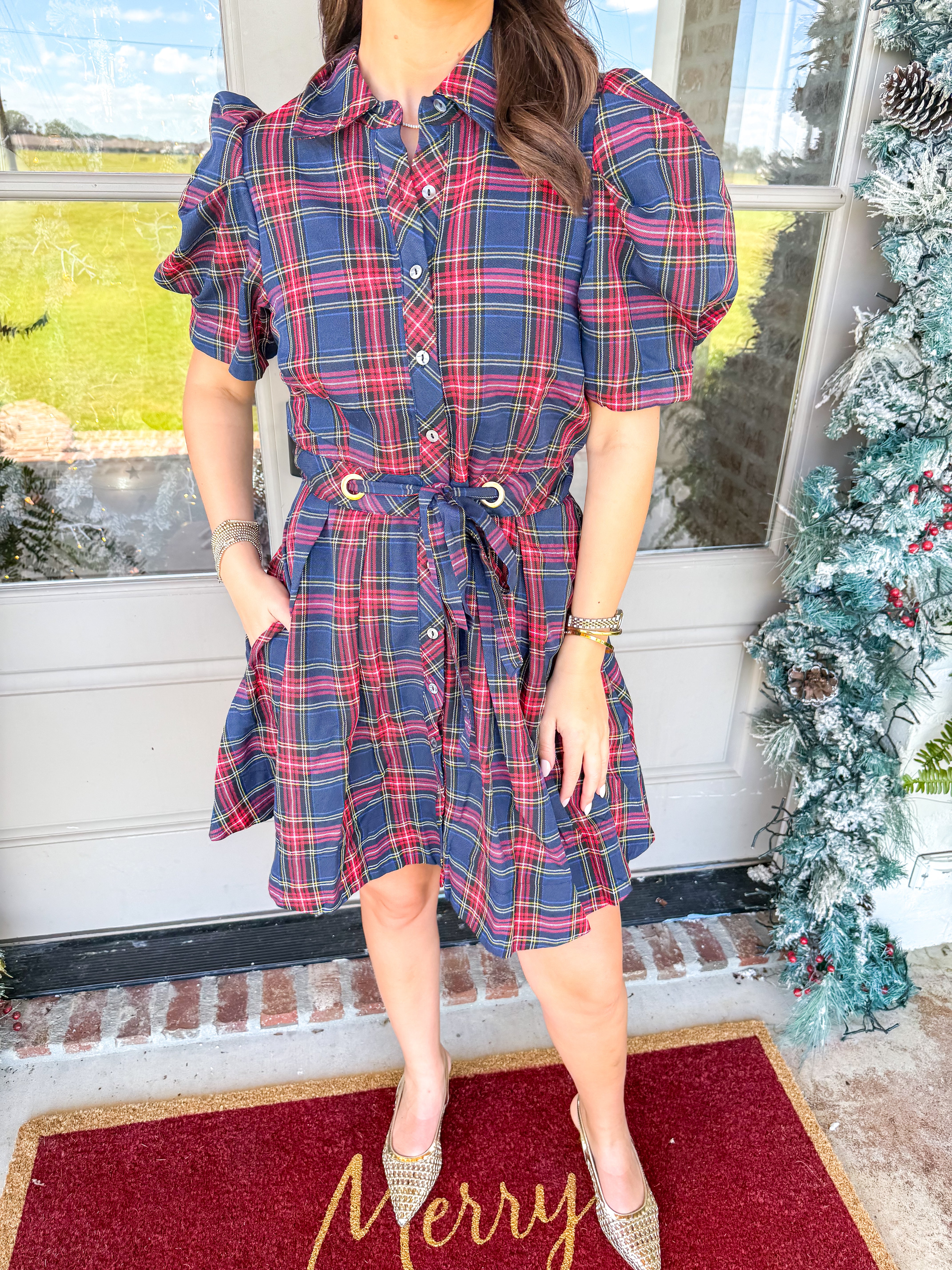 Tartan Charm Puff-Sleeve Mini Dress Navy