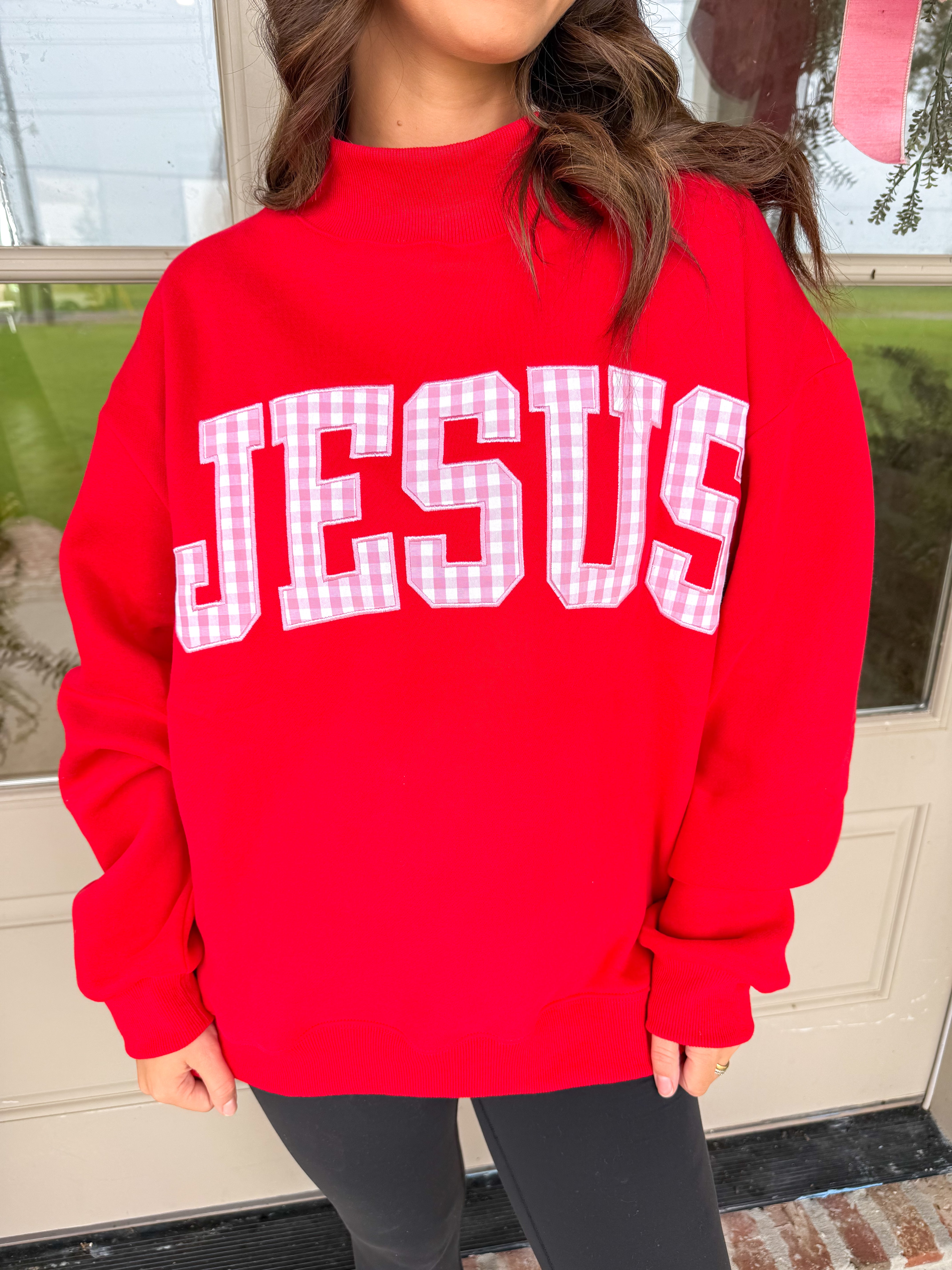 Gingham Jesus Mock Neck Sweatshirt in Red