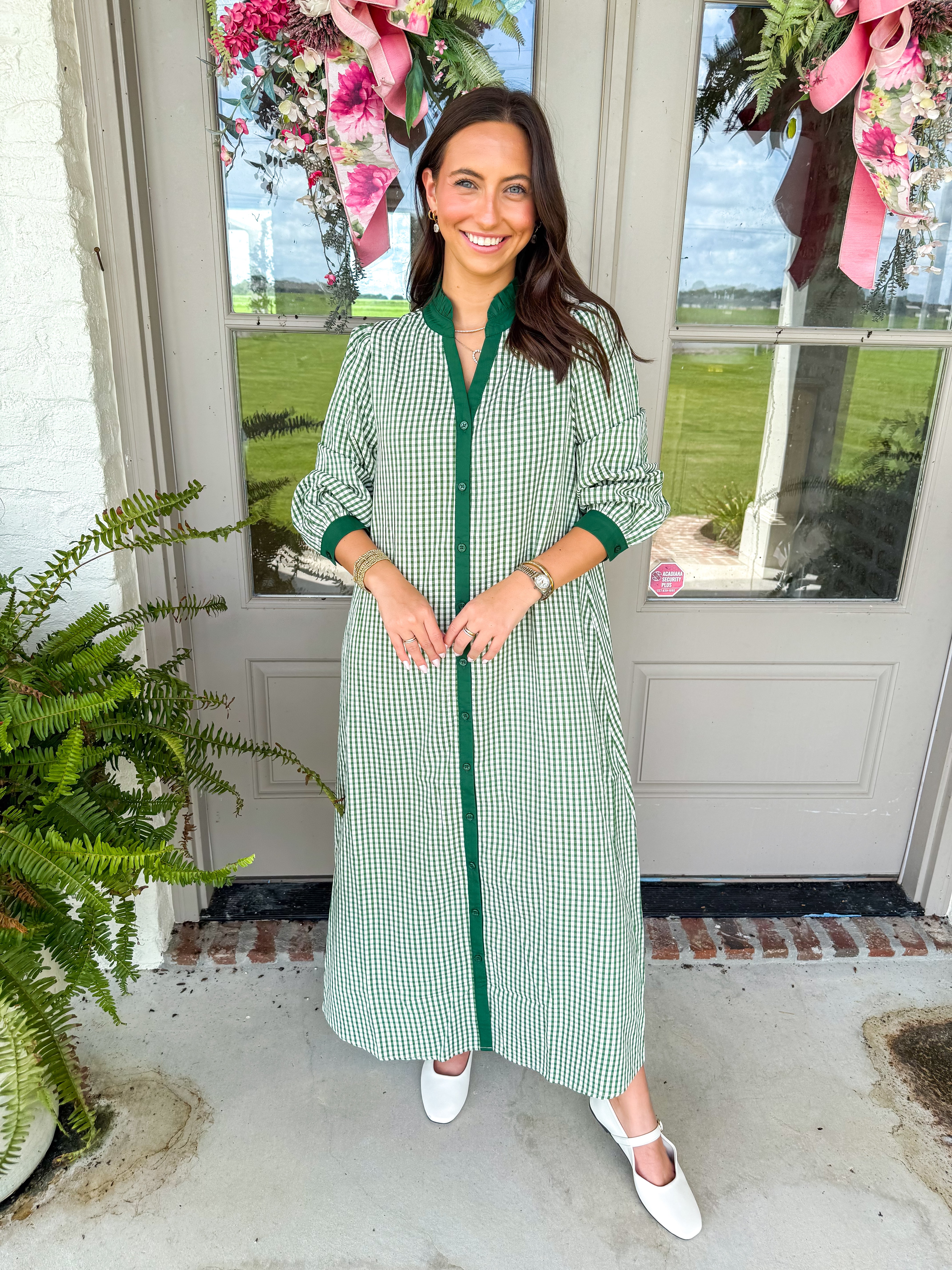 Green Gingham Ruffle Midi Dress