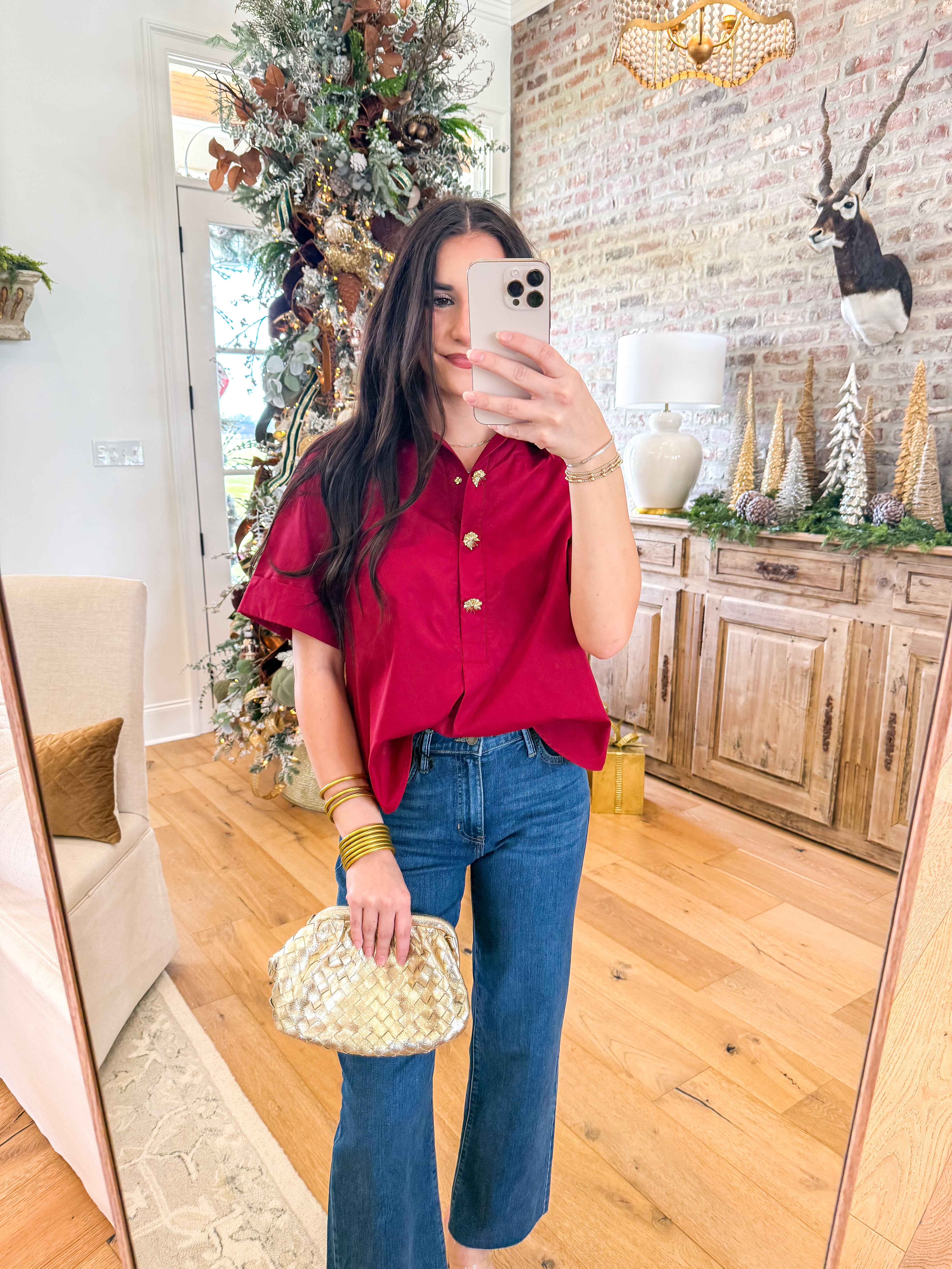 Crimson Charm Button-Up Top