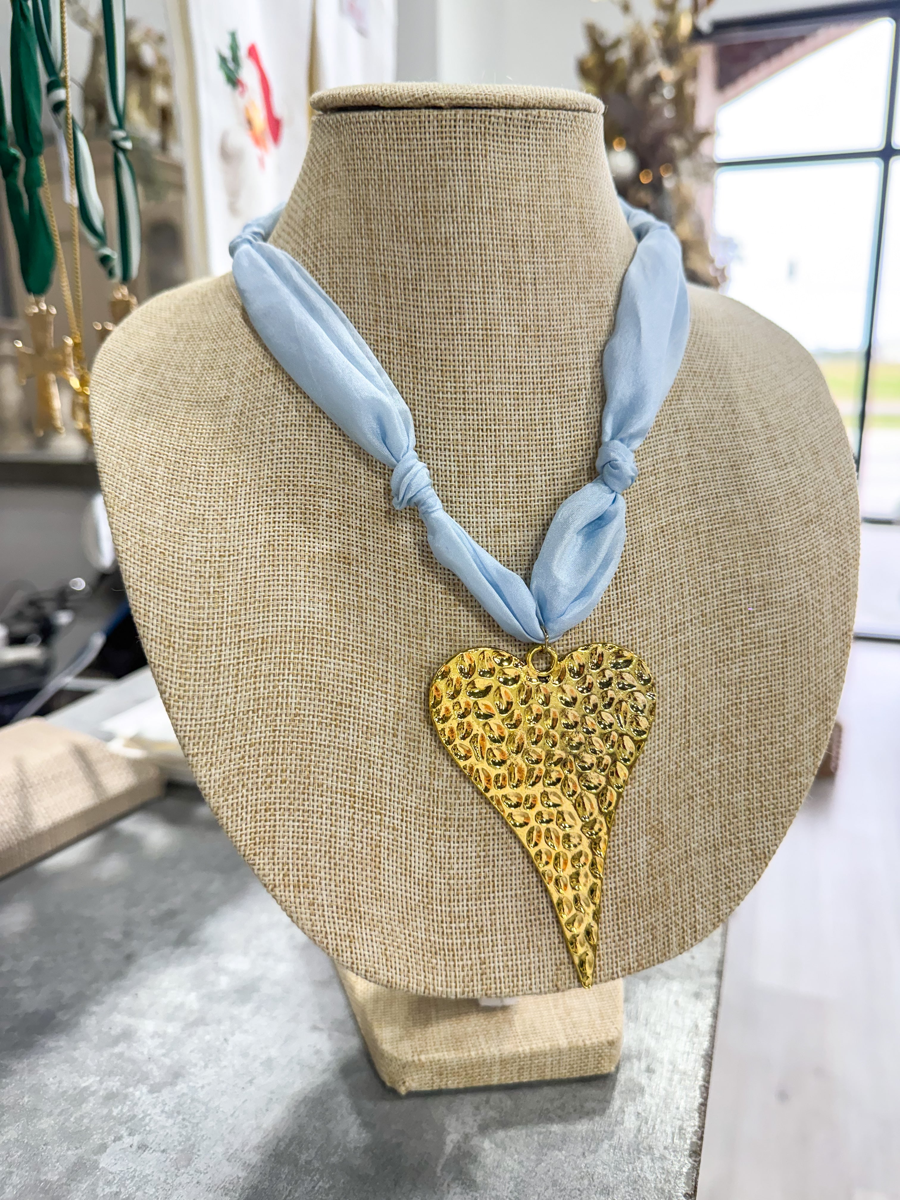 Baby Blue Large Closed Heart Scarf Necklace