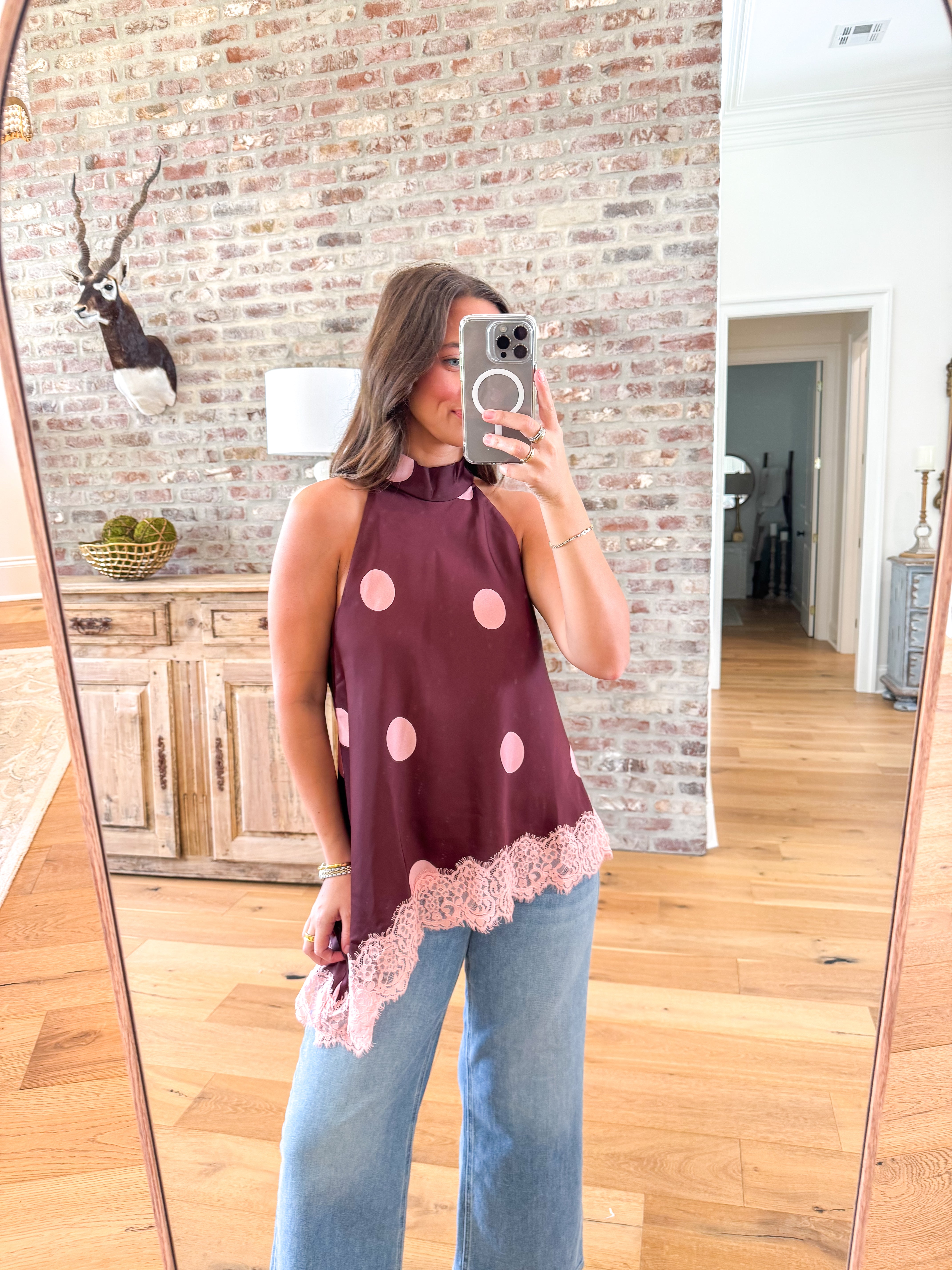 Burgundy Dot Satin Halter Top