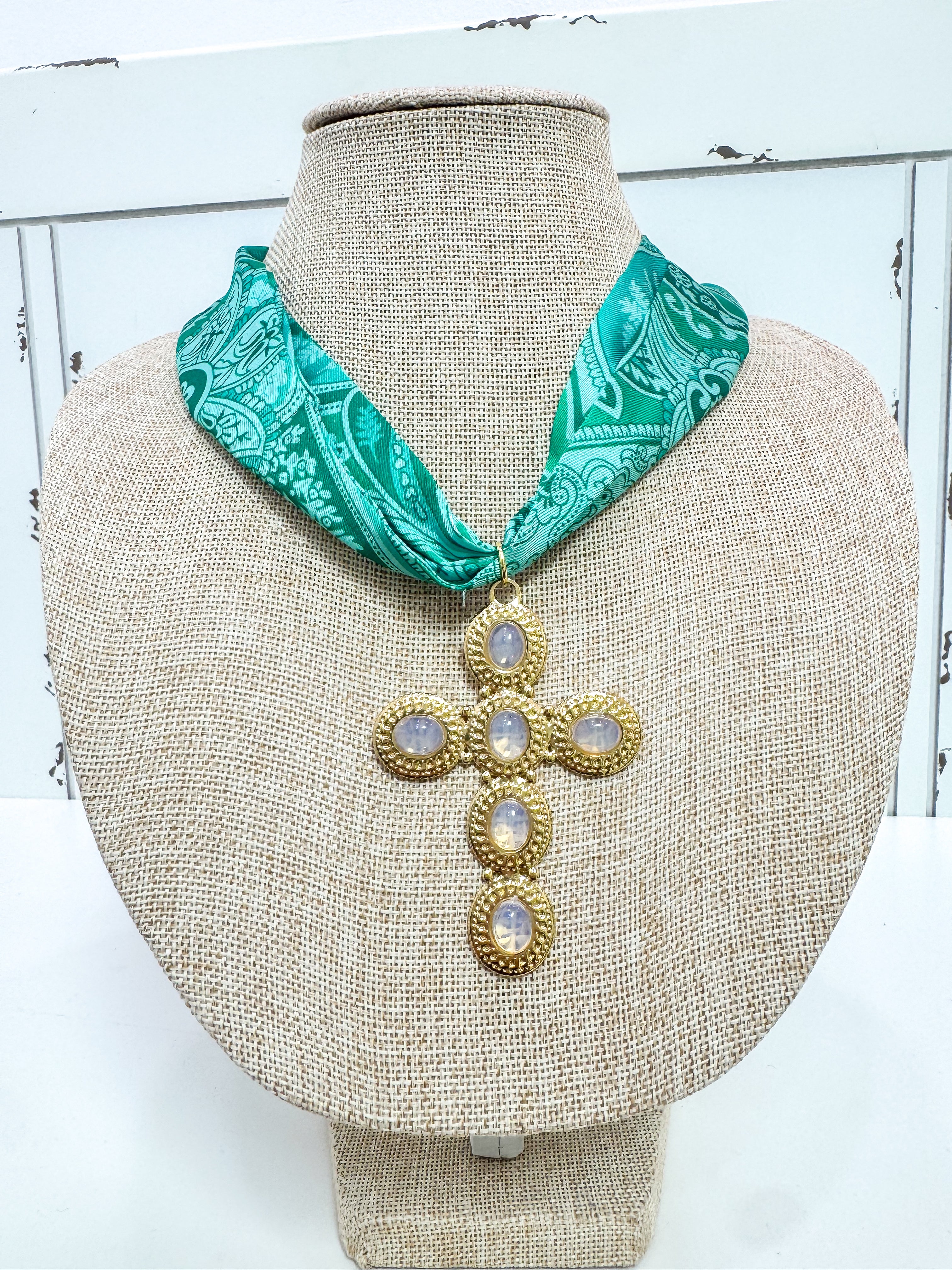 Green Tapestry Gold Cross Scarf Necklace