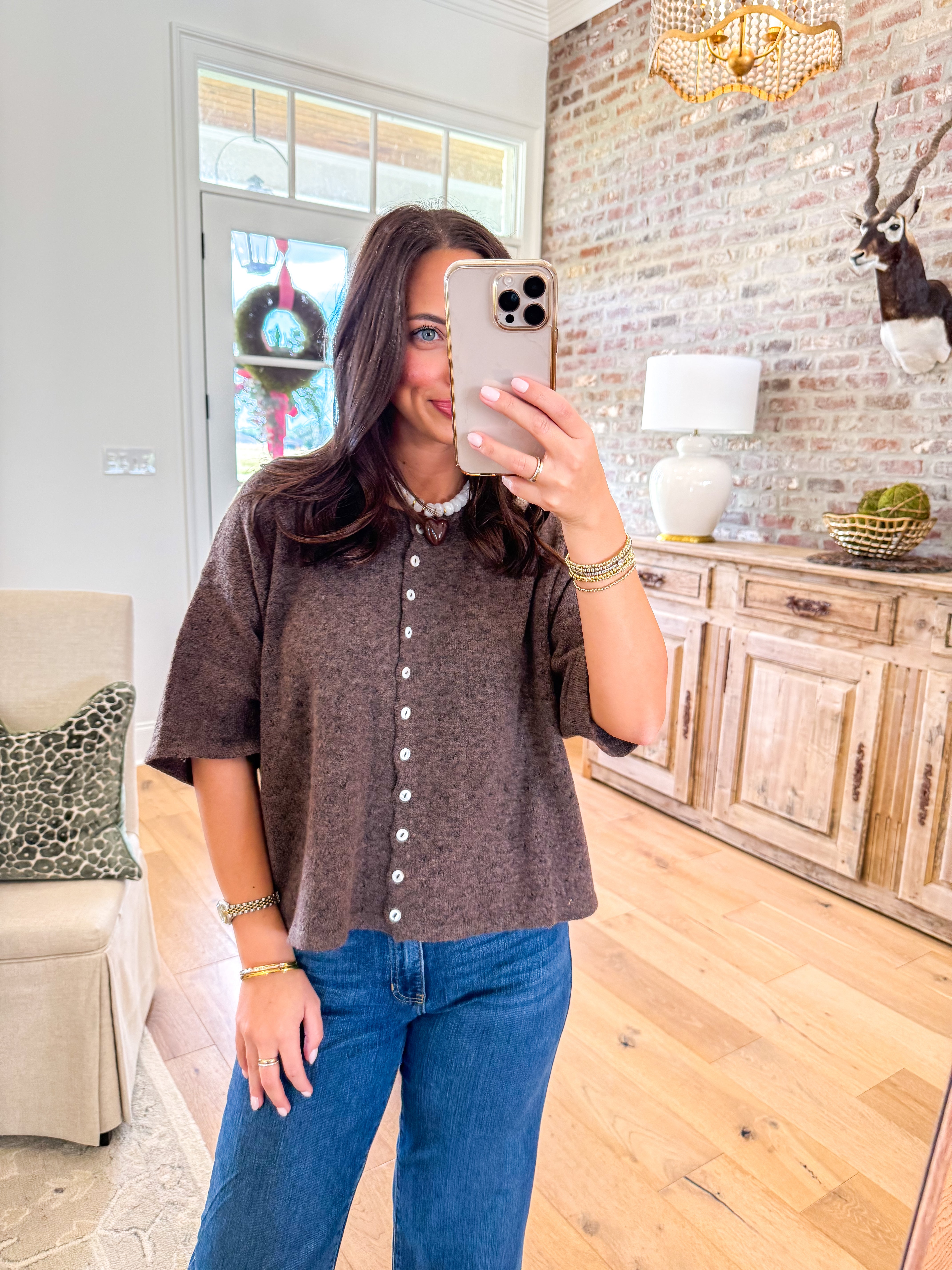 Anika Short Sleeve Pointelle Cardigan Chocolate