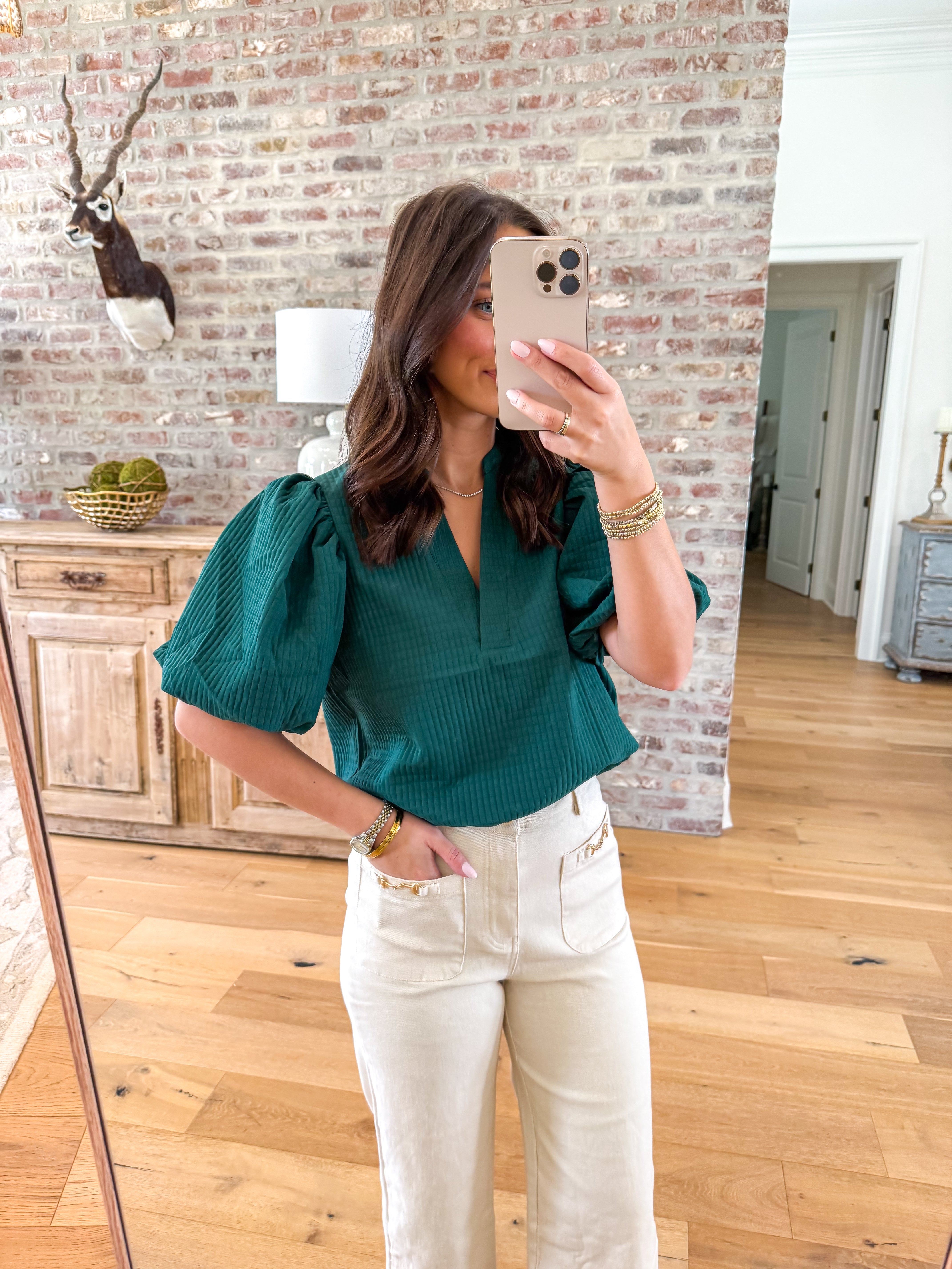 The Hadley Puff Sleeve Top Hunter Green