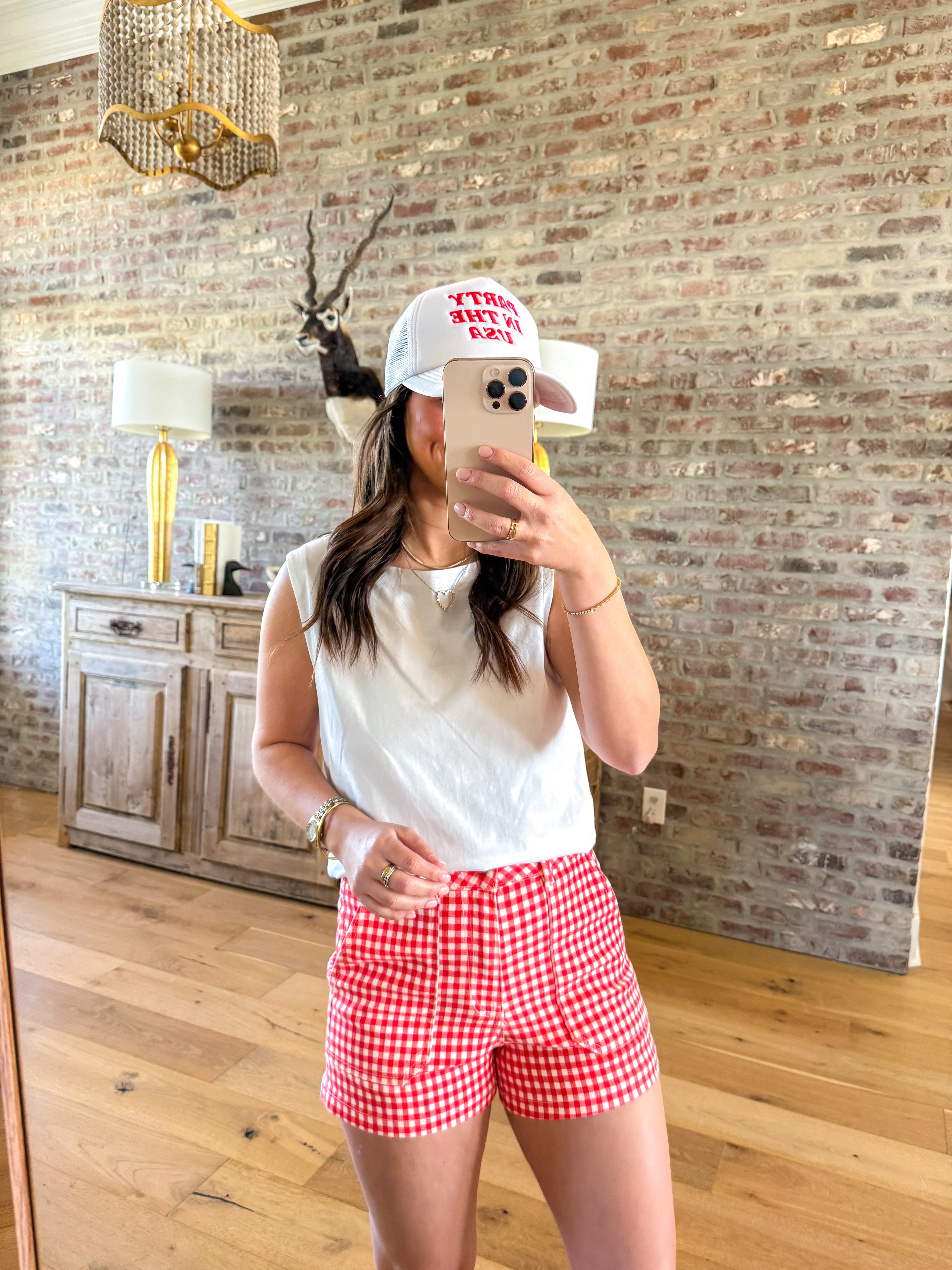 Red Gingham HR Utility Cargo Shorts