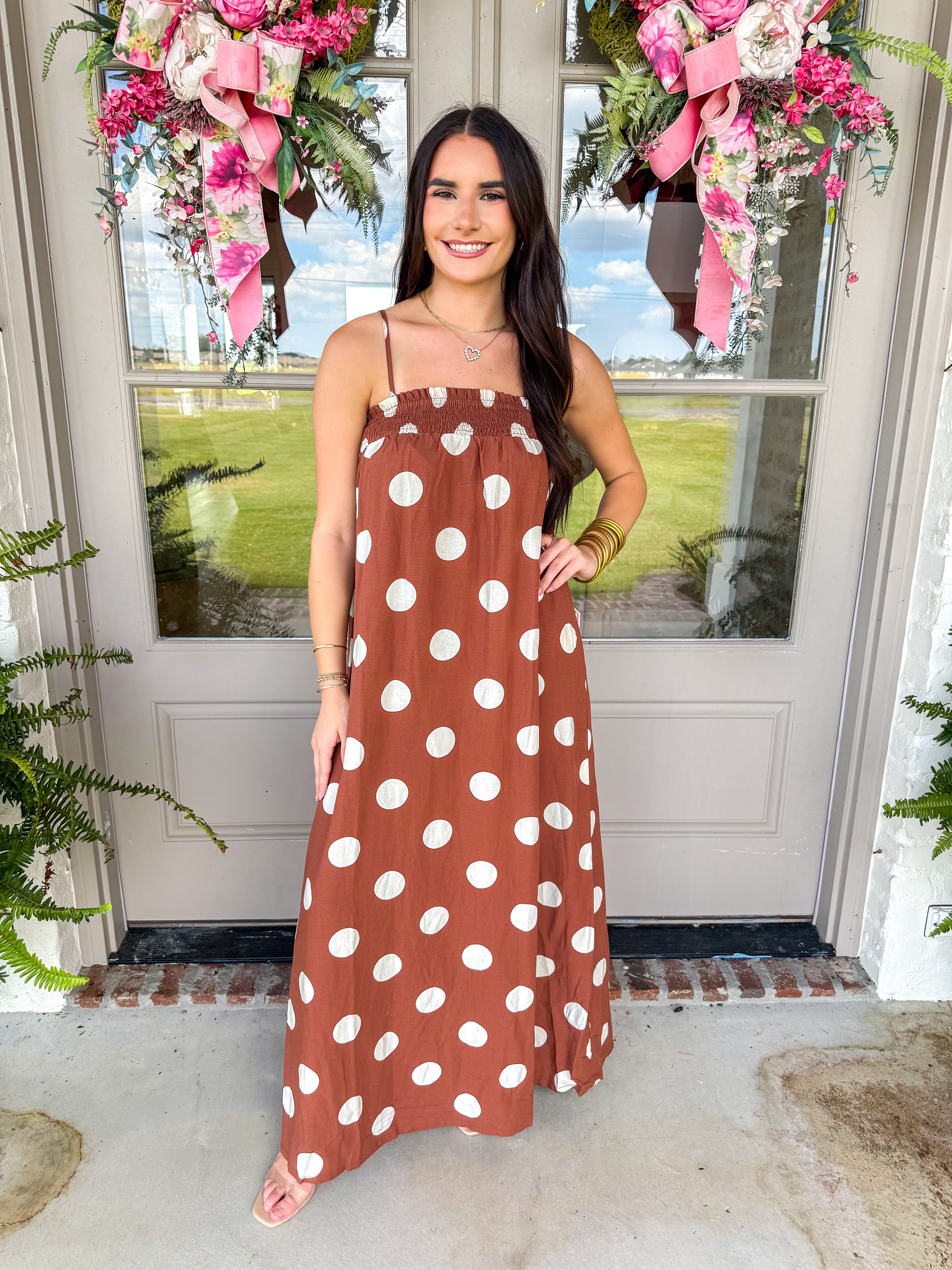 Dusty Trail Large Polka Dot Maxi Dress Brown