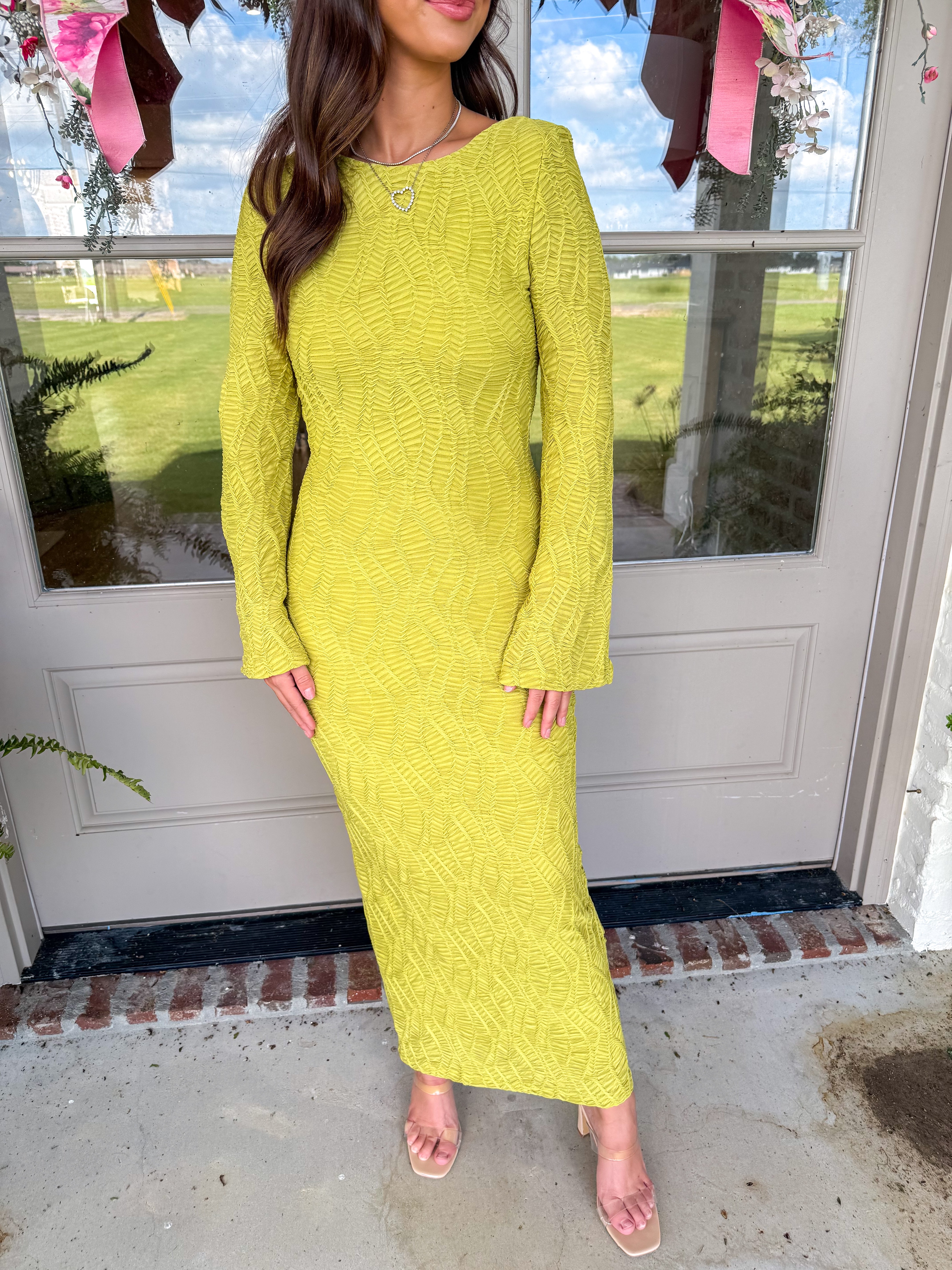 Chartreuse Textured Knit Midi Dress