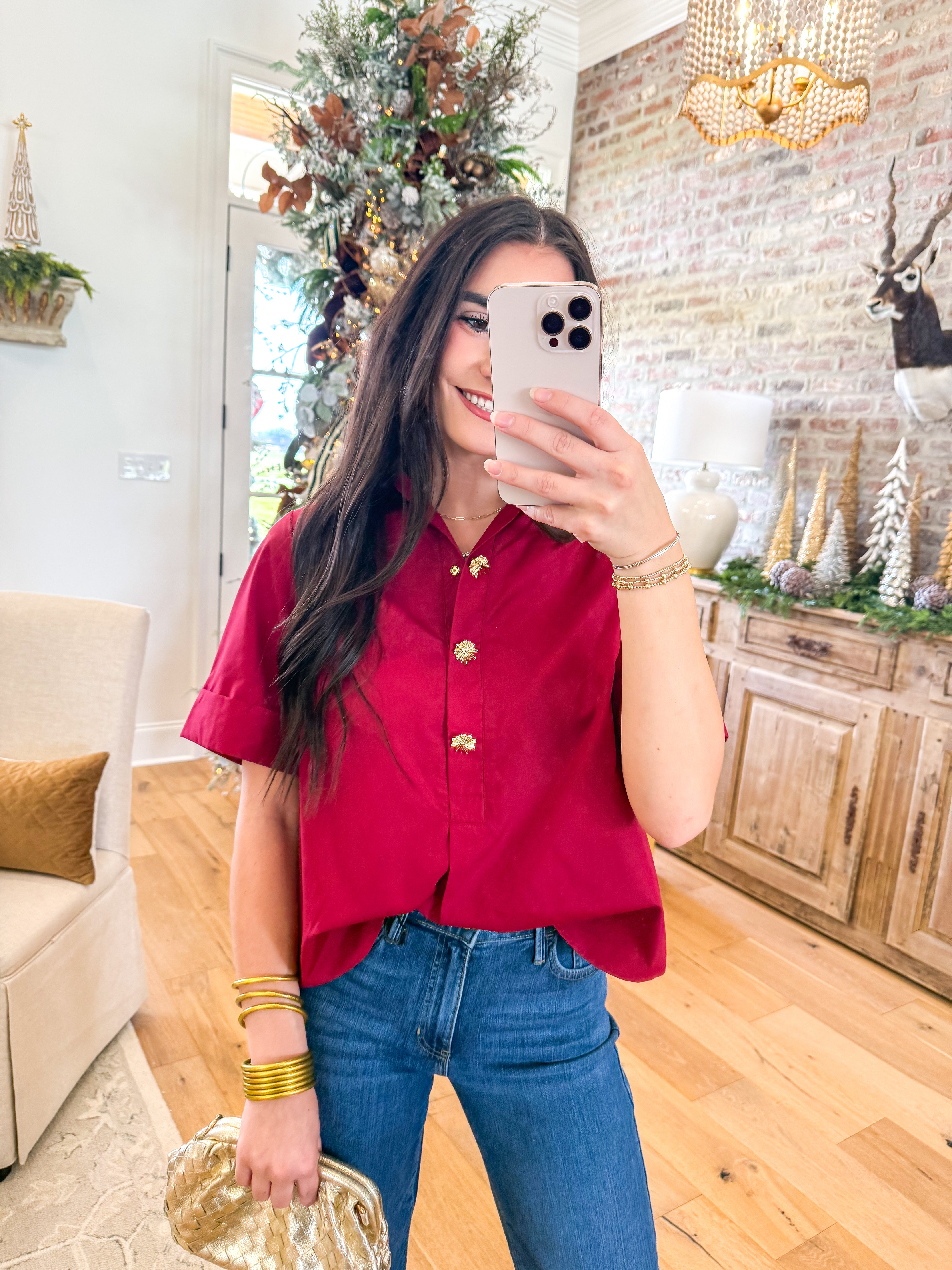 Crimson Charm Button-Up Top
